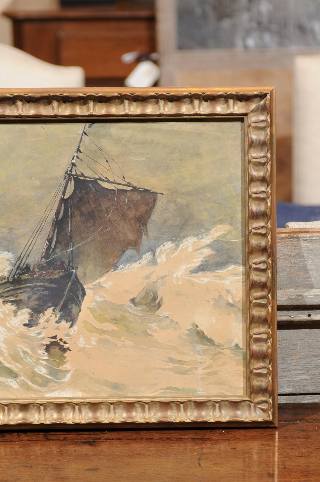 Early 20th Century Framed  Watercolor of Sailboat in a Storm, Henry Clay, 1917