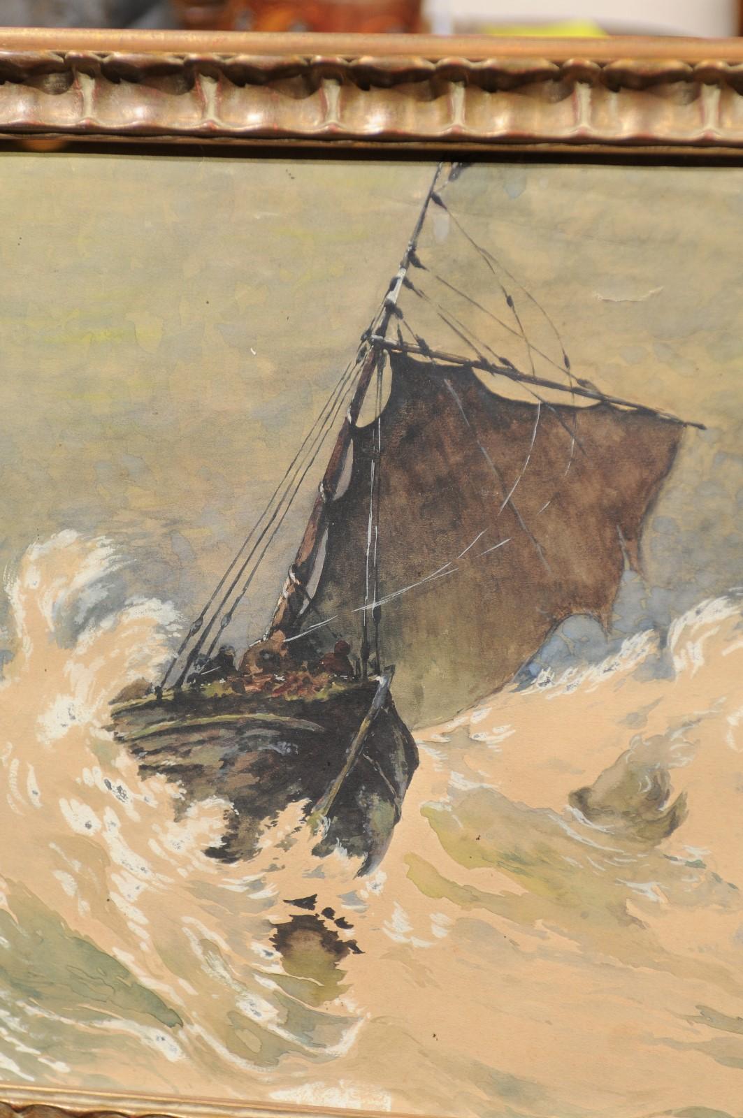 Paint Framed  Watercolor of Sailboat in a Storm, Henry Clay, 1917