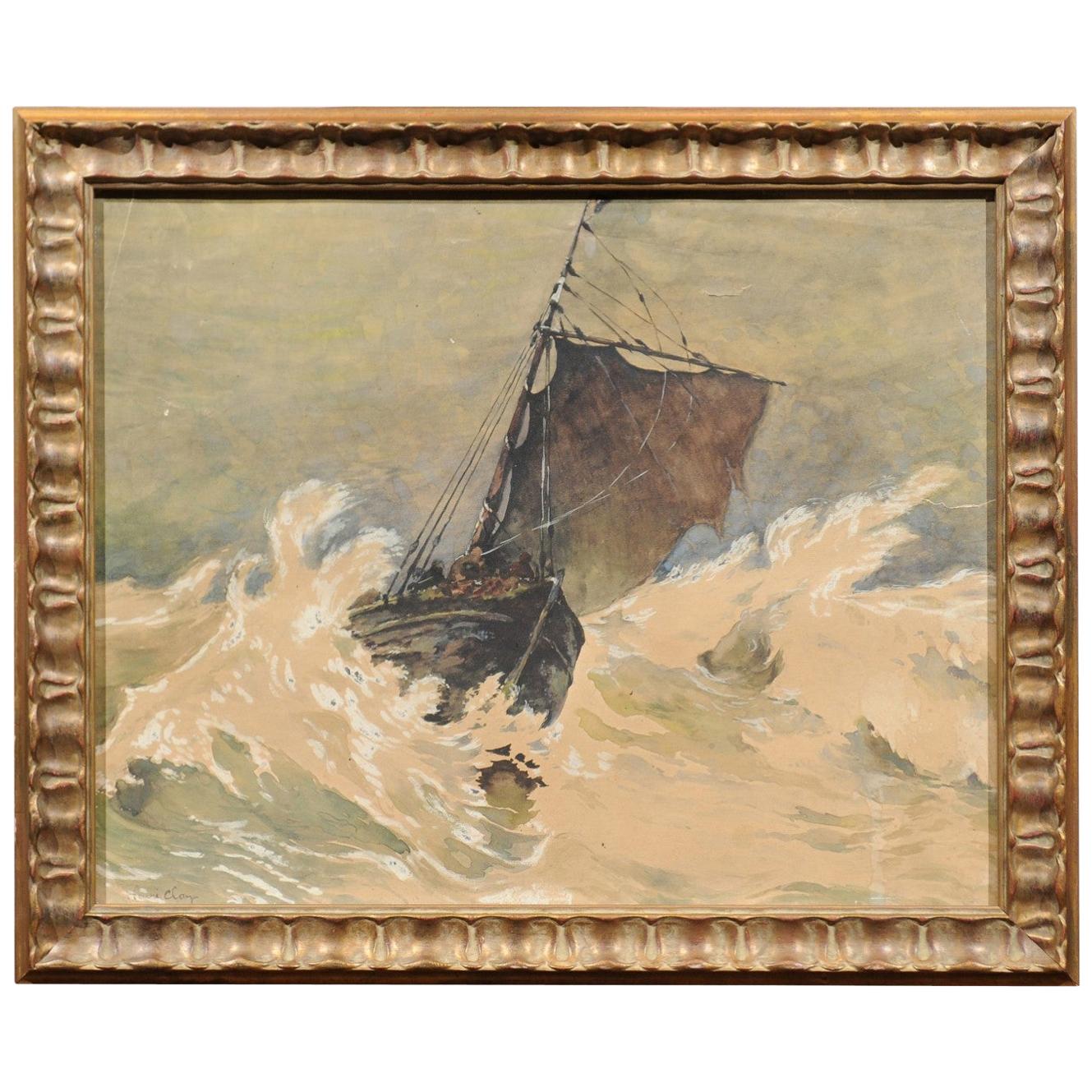 Framed  Watercolor of Sailboat in a Storm, Henry Clay, 1917
