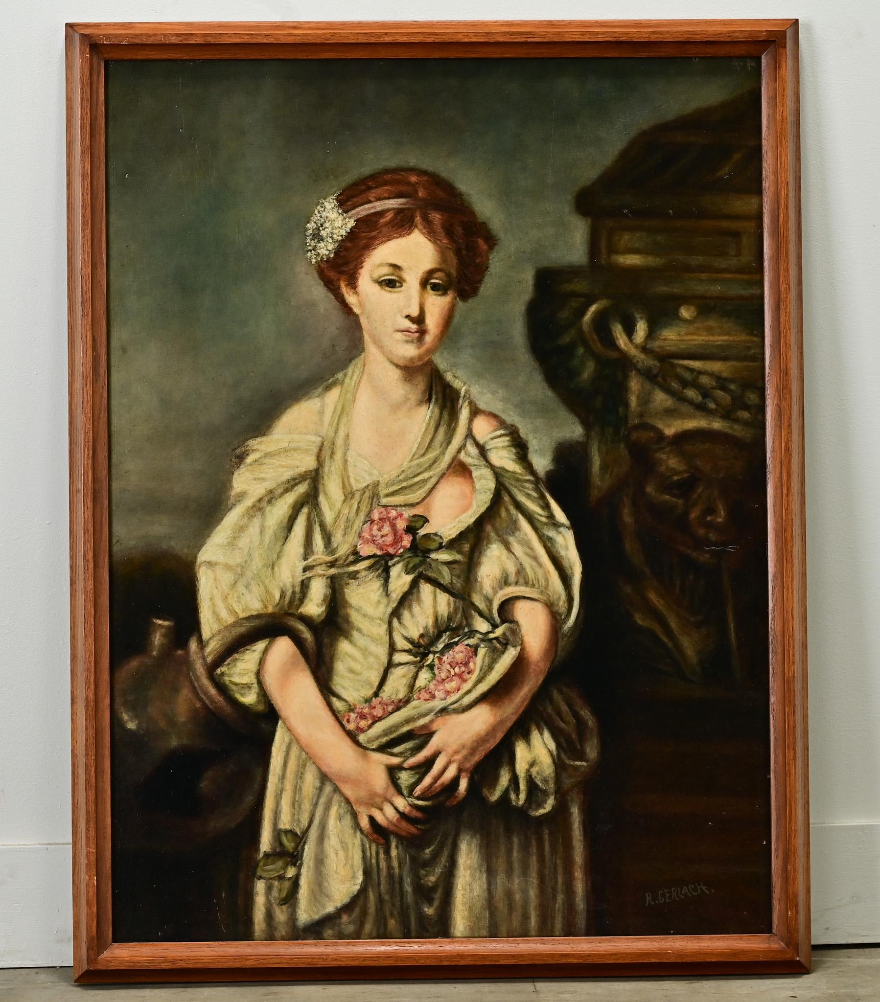 Un brillante dipinto di una signora che raccoglie fiori in un giardino, firmato dall'artista, R. Gerlach. Incorniciato in una semplice cornice di Oak, questo quadro è pronto per essere appeso al tuo interno. Assicurati di visualizzare le immagini