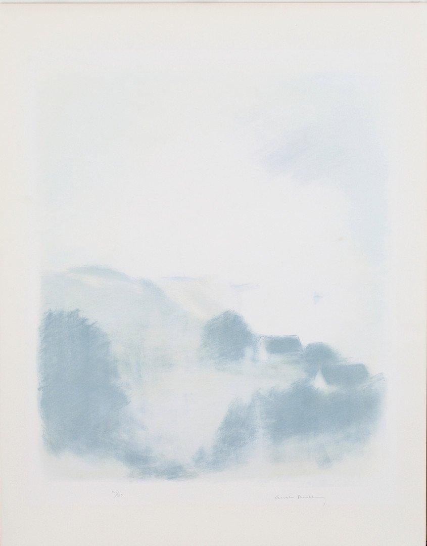 Framed ‘Landscape in Mist’ lithograph by Gustav Rudberg. Framed in White Oak. Signed and numbered 144/230.