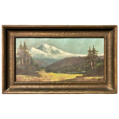 Antique Framed Landscape Oil Painting With Snowy Mountains, Artist Richard de Treville
