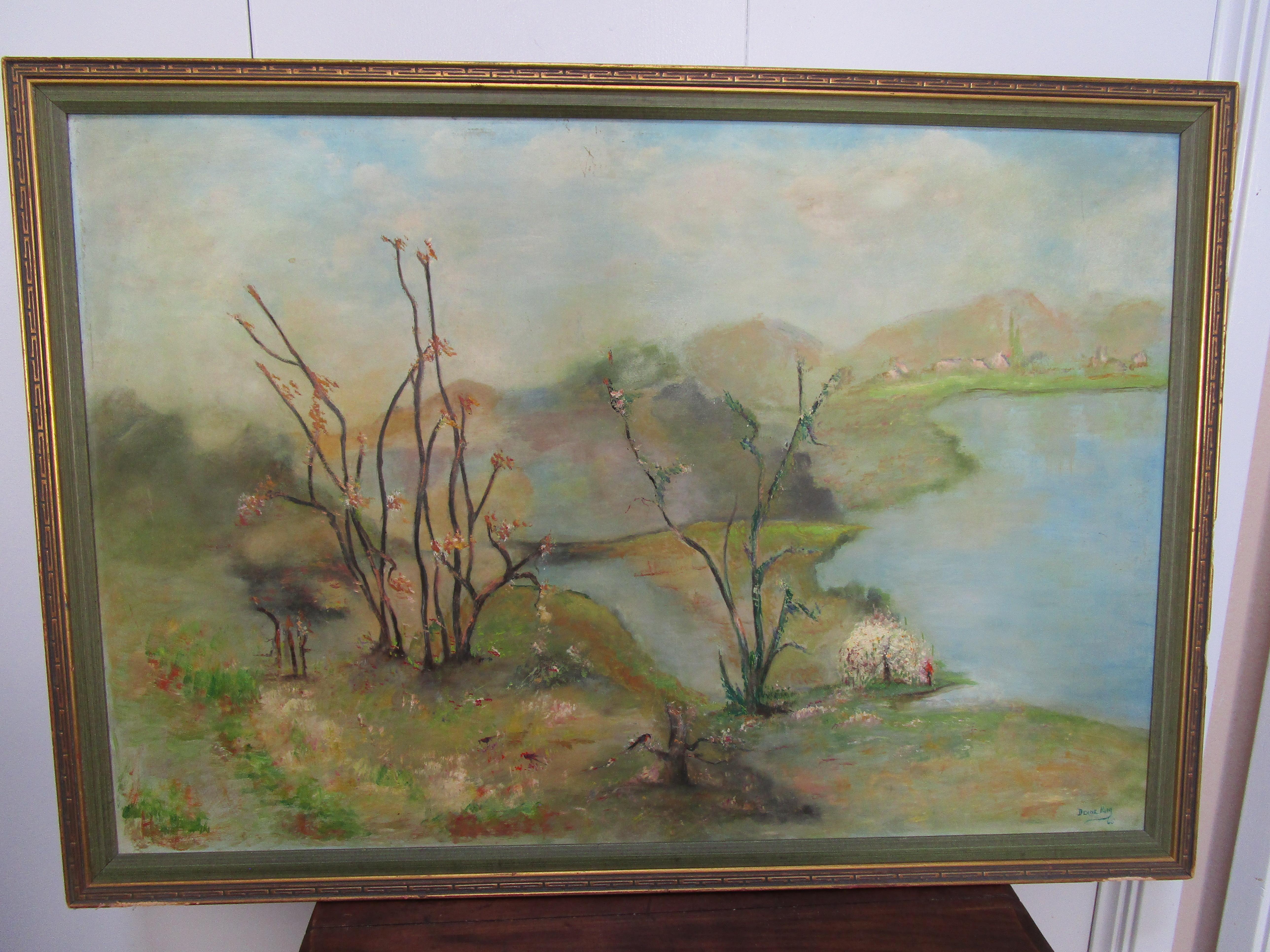 Peinture de paysage encadrée de Deans King  1966 Scène impressionniste avec fleurs en vente 3