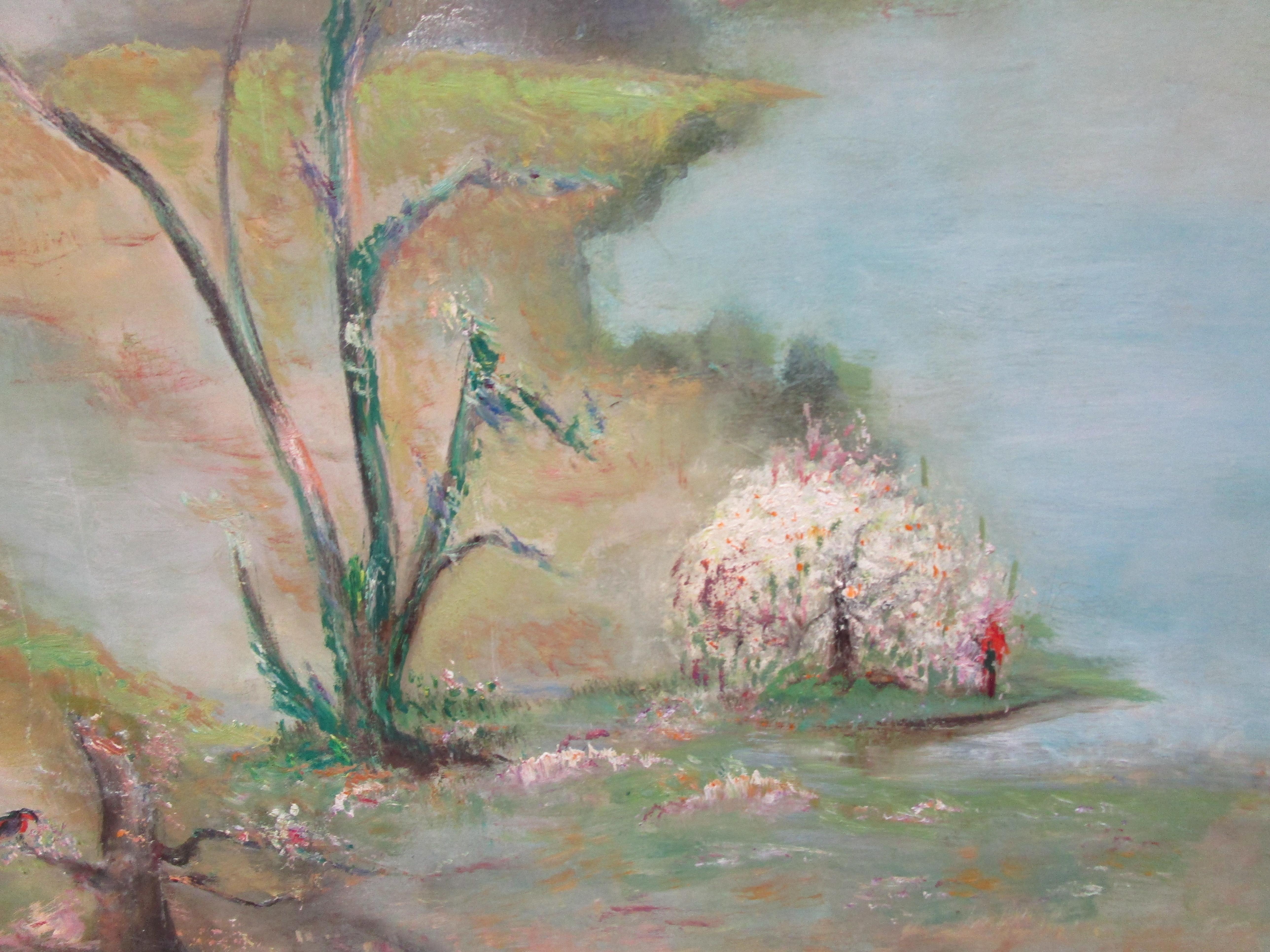 La taille et l'étendue de la peinture de Deans sont impressionnantes, en particulier la façon dont elle a choisi de remplir l'espace avec sa magnifique palette de pastels . 
Cette captivante peinture de paysage vintage de l'artiste mentionné capture