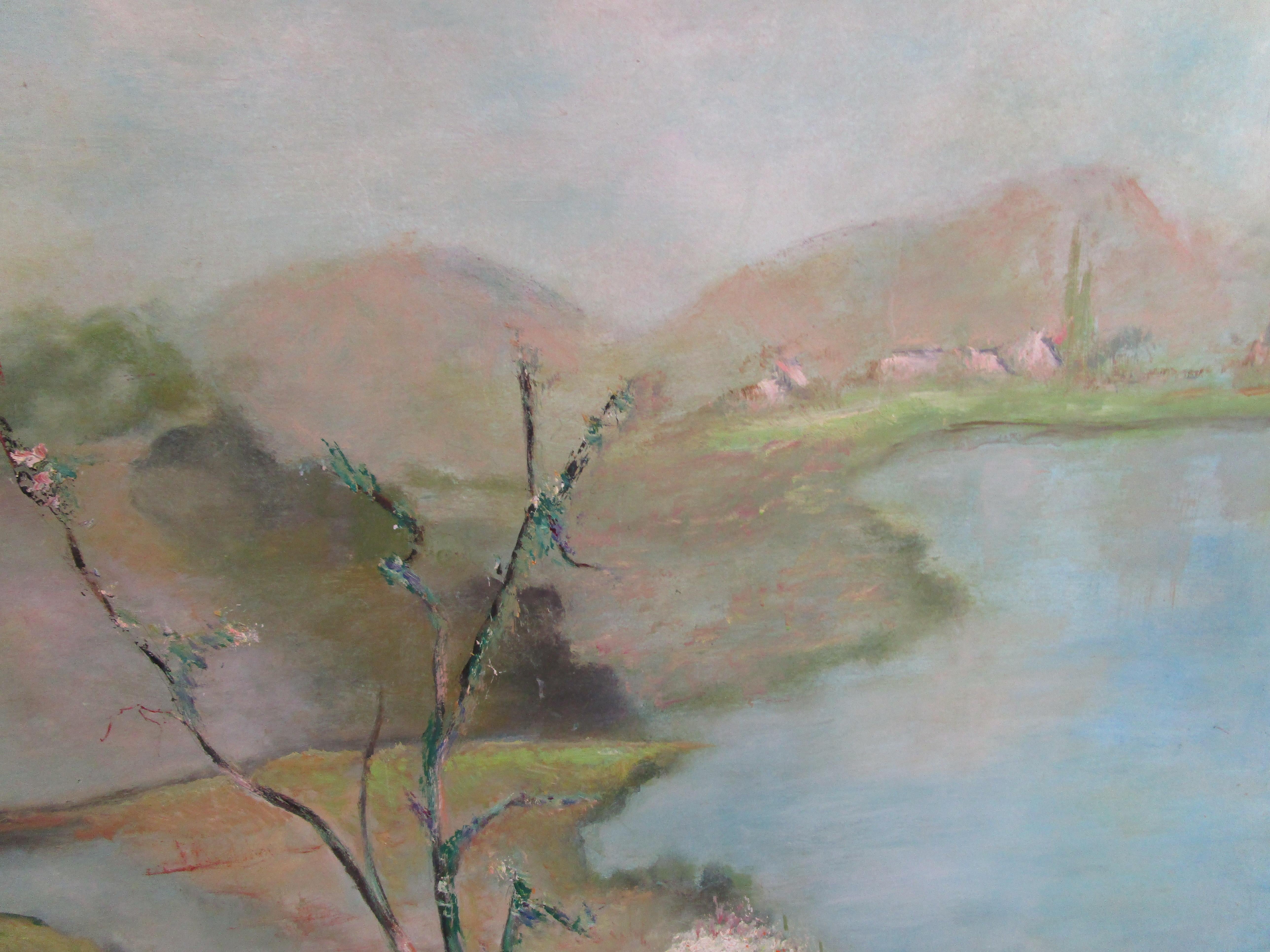 Moderne Peinture de paysage encadrée de Deans King  1966 Scène impressionniste avec fleurs en vente