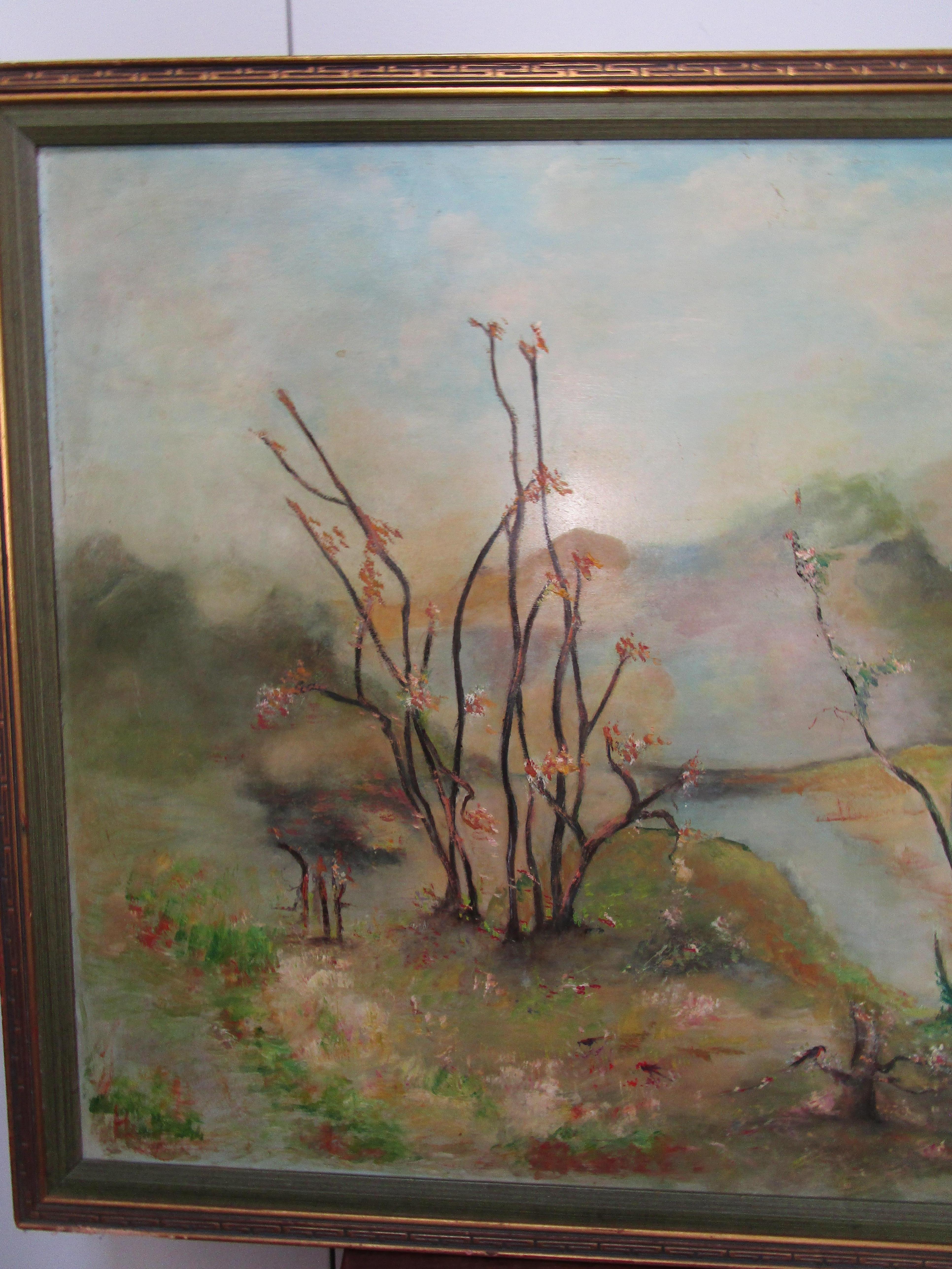 Brossé Peinture de paysage encadrée de Deans King  1966 Scène impressionniste avec fleurs en vente