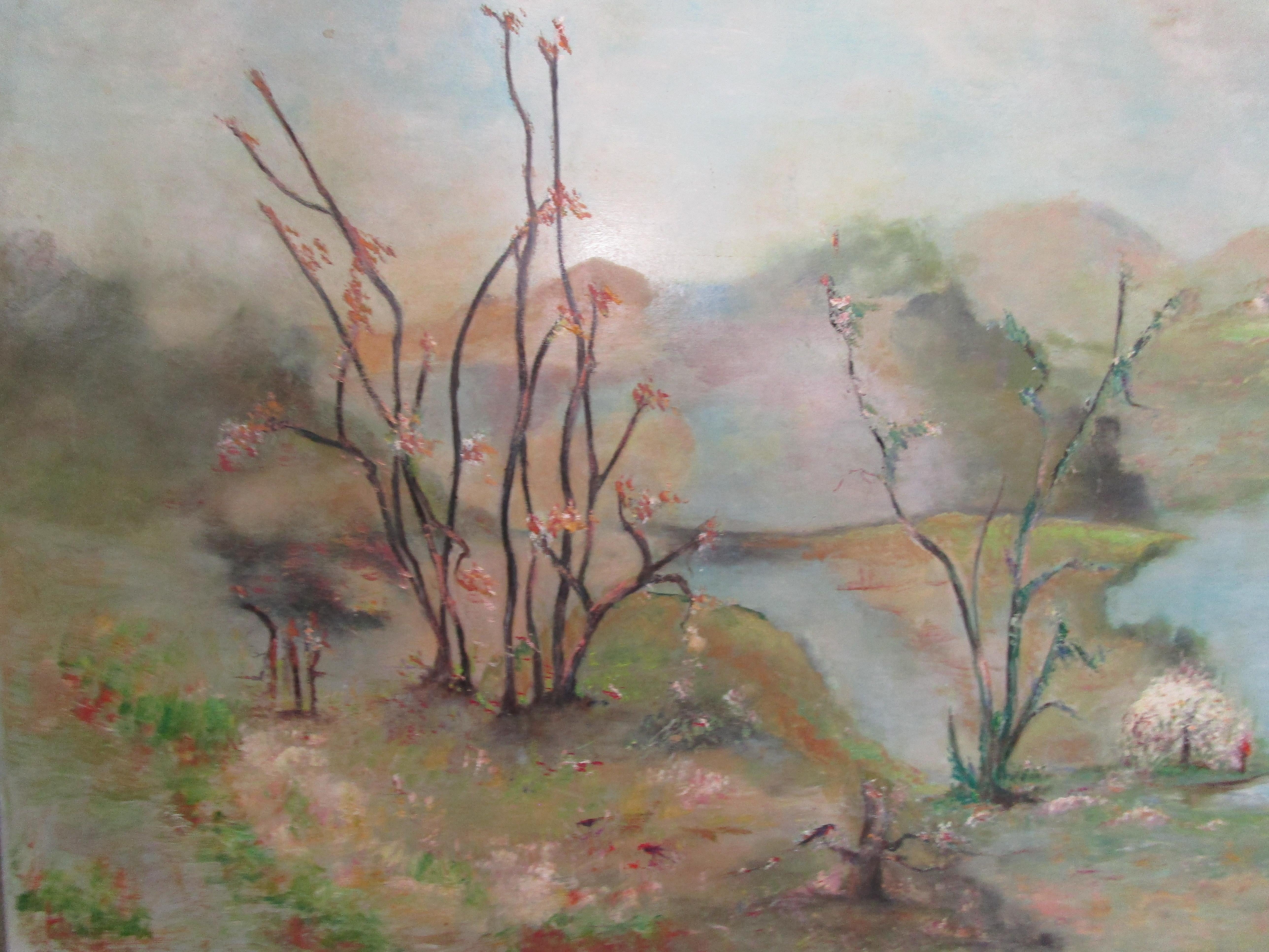 Peinture de paysage encadrée de Deans King  1966 Scène impressionniste avec fleurs en vente 2
