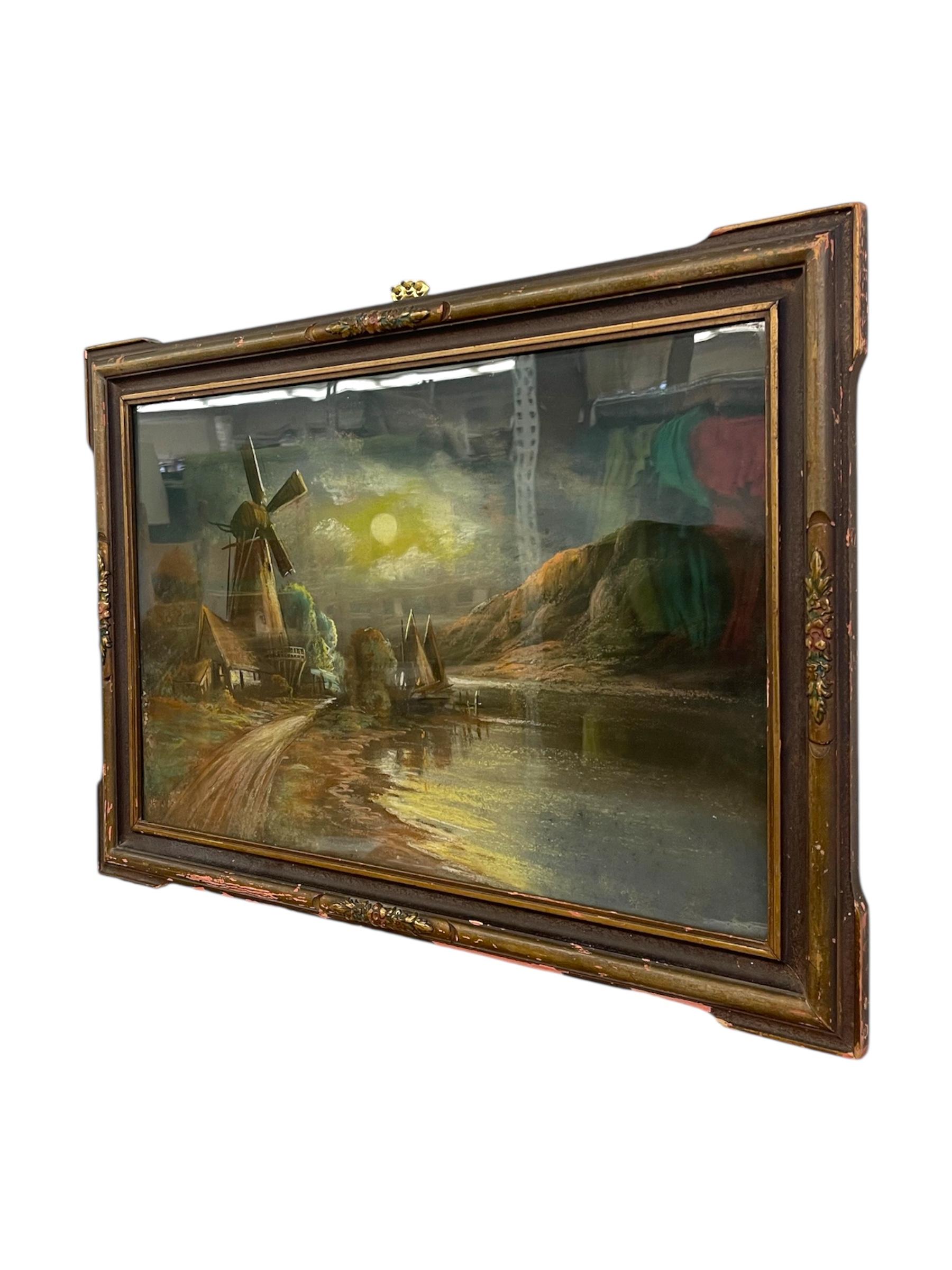 Gerahmtes Landschaftsgemälde mit Windmühle und mondbeschienener Landschaft (Moderne der Mitte des Jahrhunderts) im Angebot