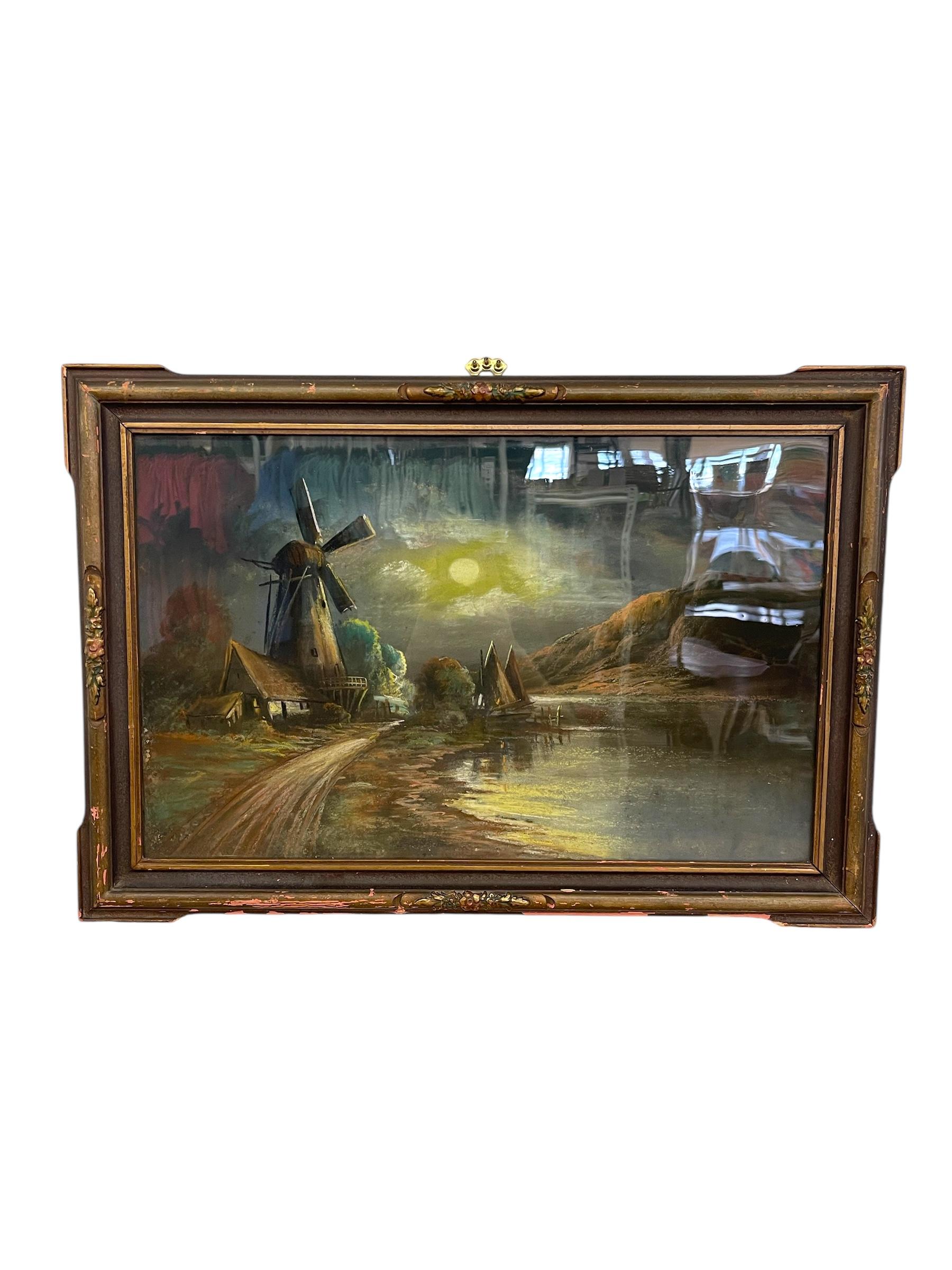 Gerahmtes Landschaftsgemälde mit Windmühle und mondbeschienener Landschaft im Zustand „Gut“ im Angebot in Seattle, WA