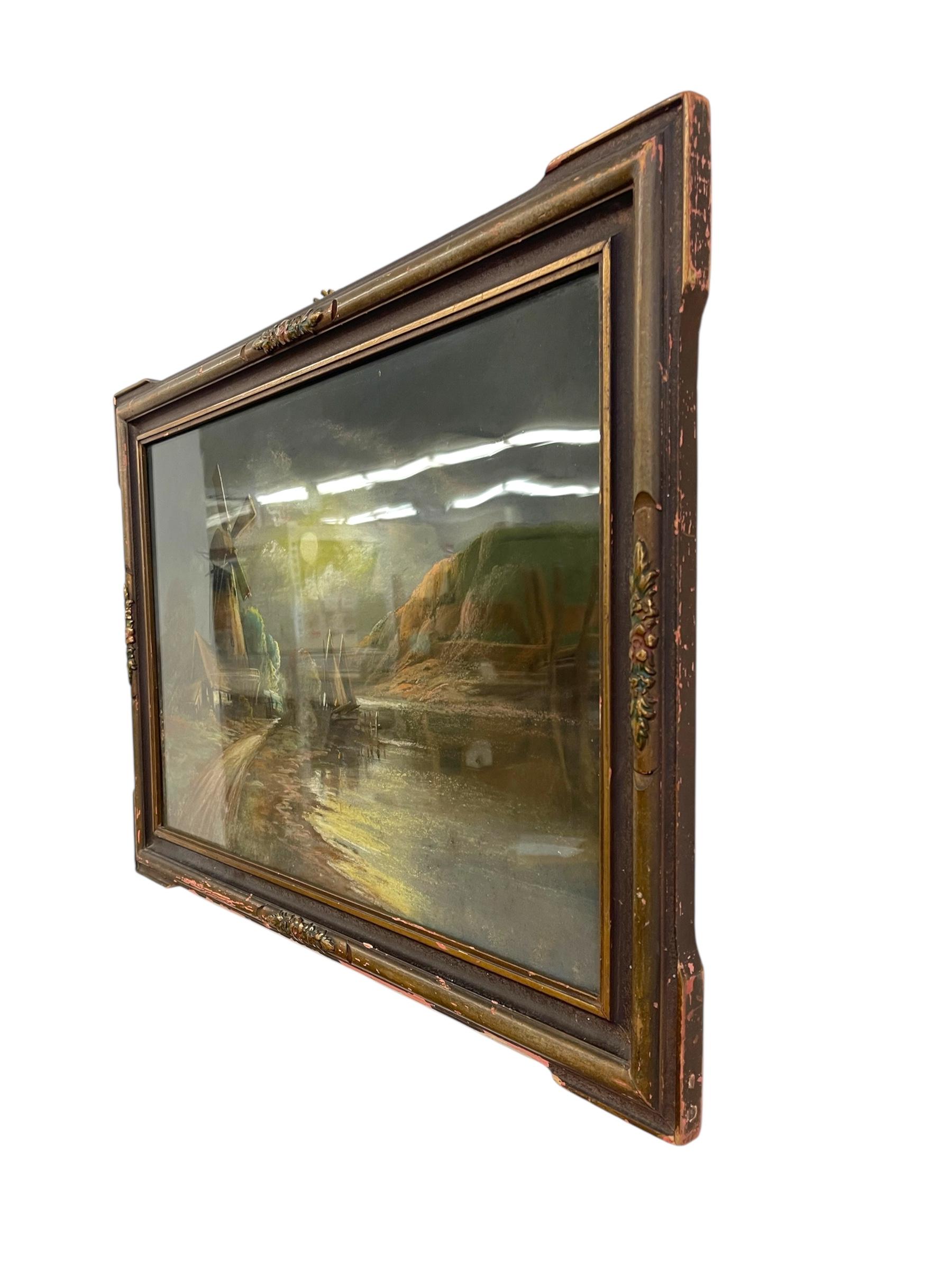 Gerahmtes Landschaftsgemälde mit Windmühle und mondbeschienener Landschaft (Ende des 20. Jahrhunderts) im Angebot