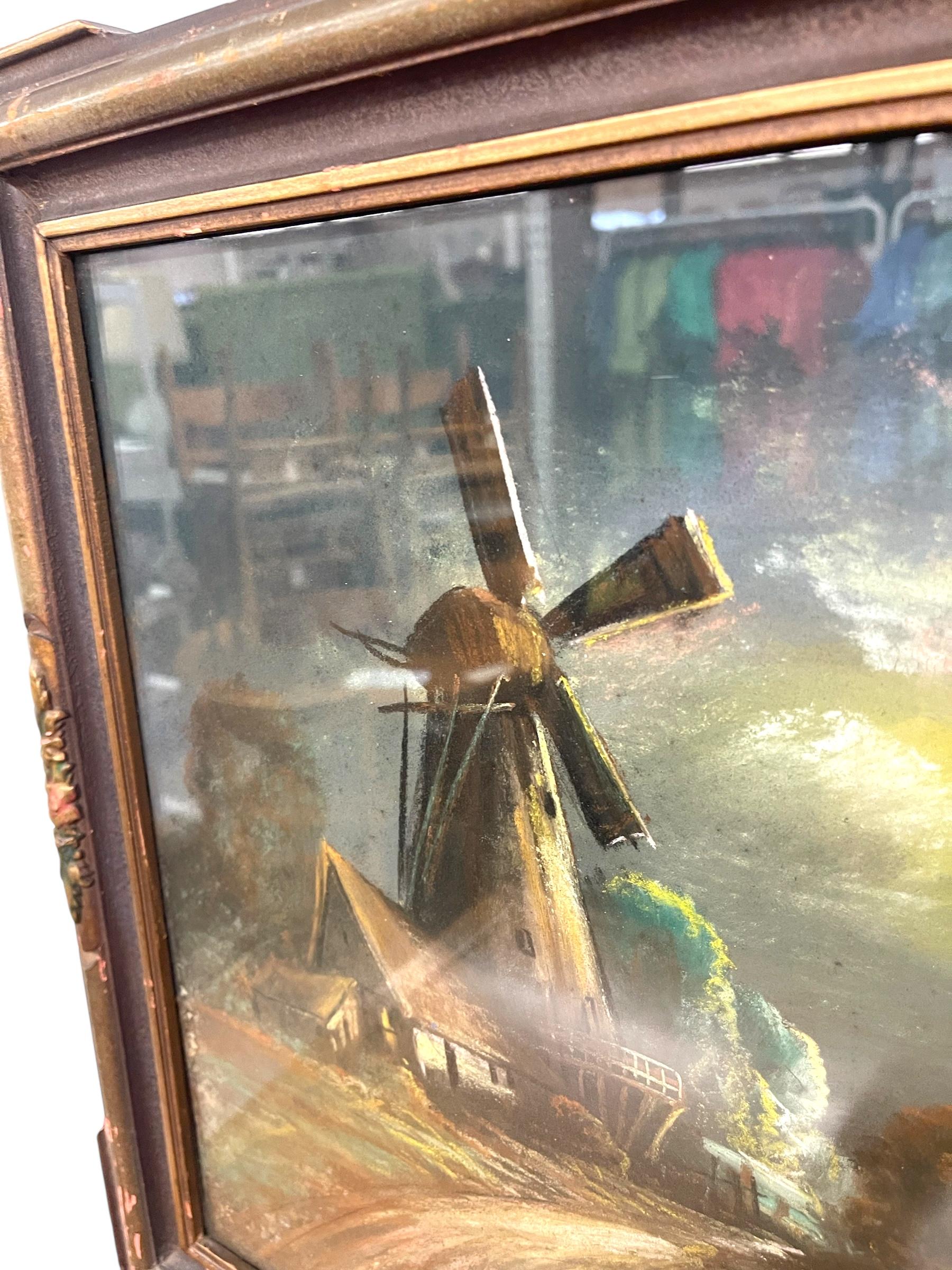 Gerahmtes Landschaftsgemälde mit Windmühle und mondbeschienener Landschaft im Angebot 2