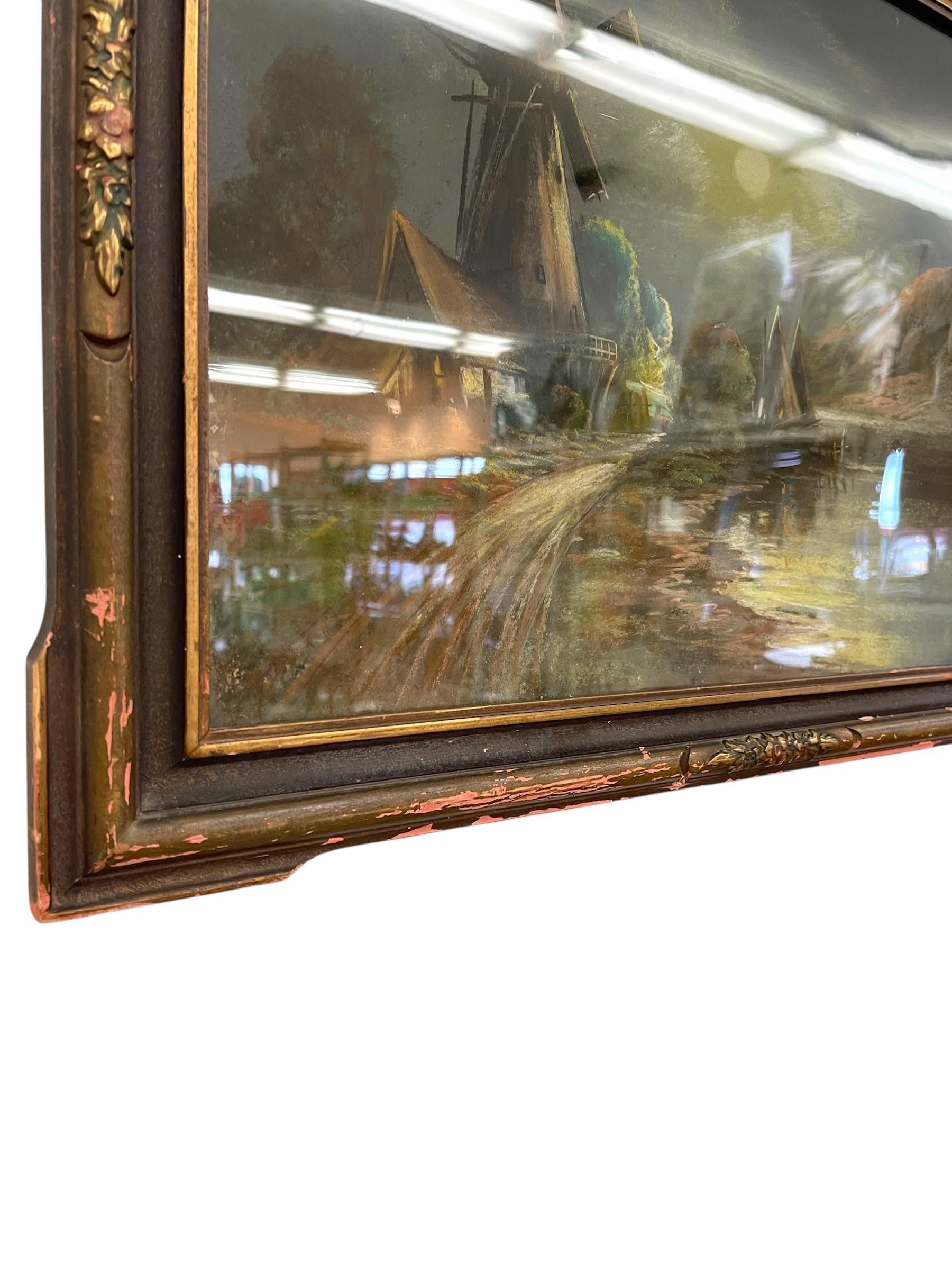 Gerahmtes Landschaftsgemälde mit Windmühle und mondbeschienener Landschaft im Angebot 3