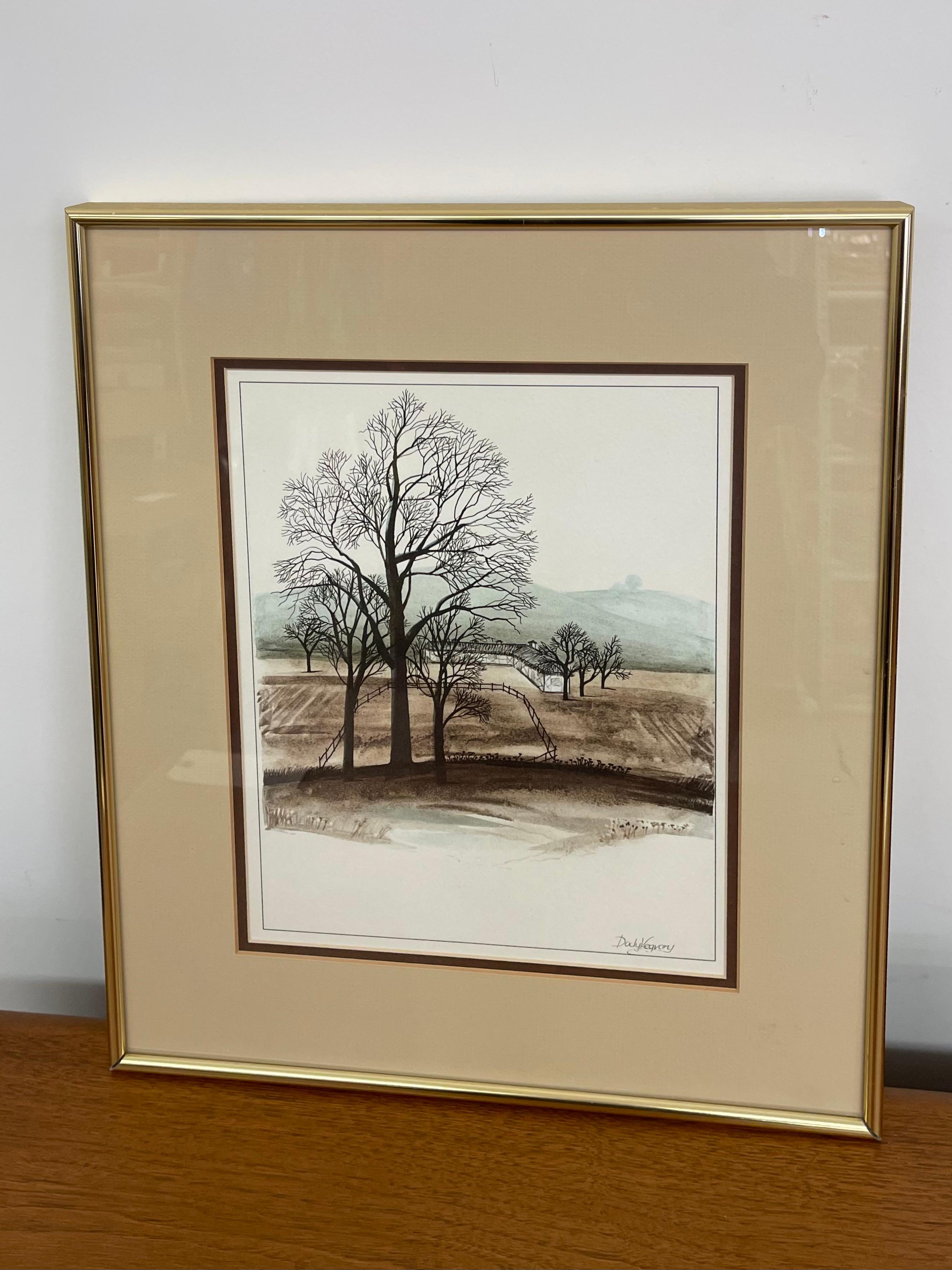 Vintage framed landscape print by artist Dody Vegary, distributed by Picture Source N.W. of Seattle, Washington. The artwork depicts a serene rural landscape with bare trees and soft rolling hills in the background. Rendered in a neutral palette of