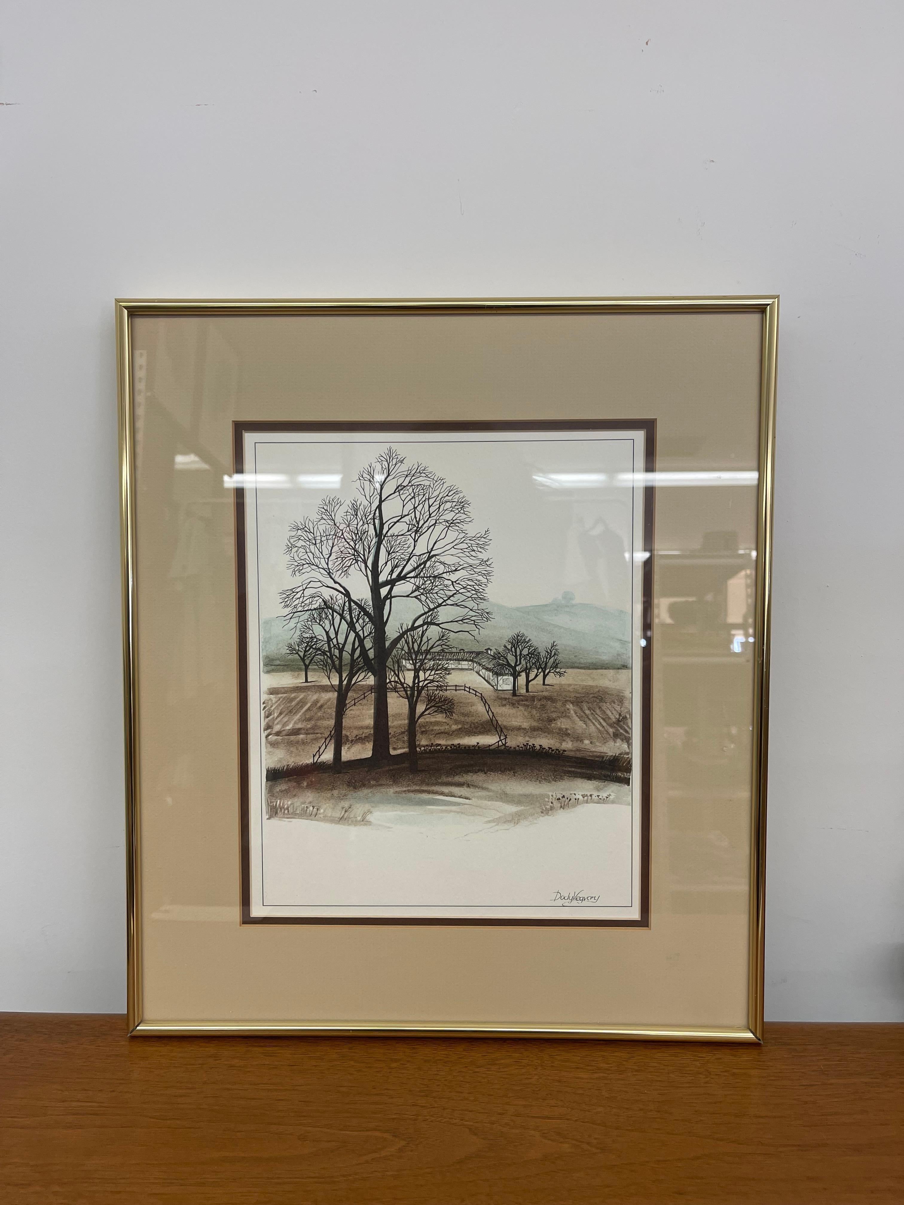 Mid-Century Modern Framed Landscape Print by Dody Vegvary-Mid-20th Century Minimalist Countryside For Sale