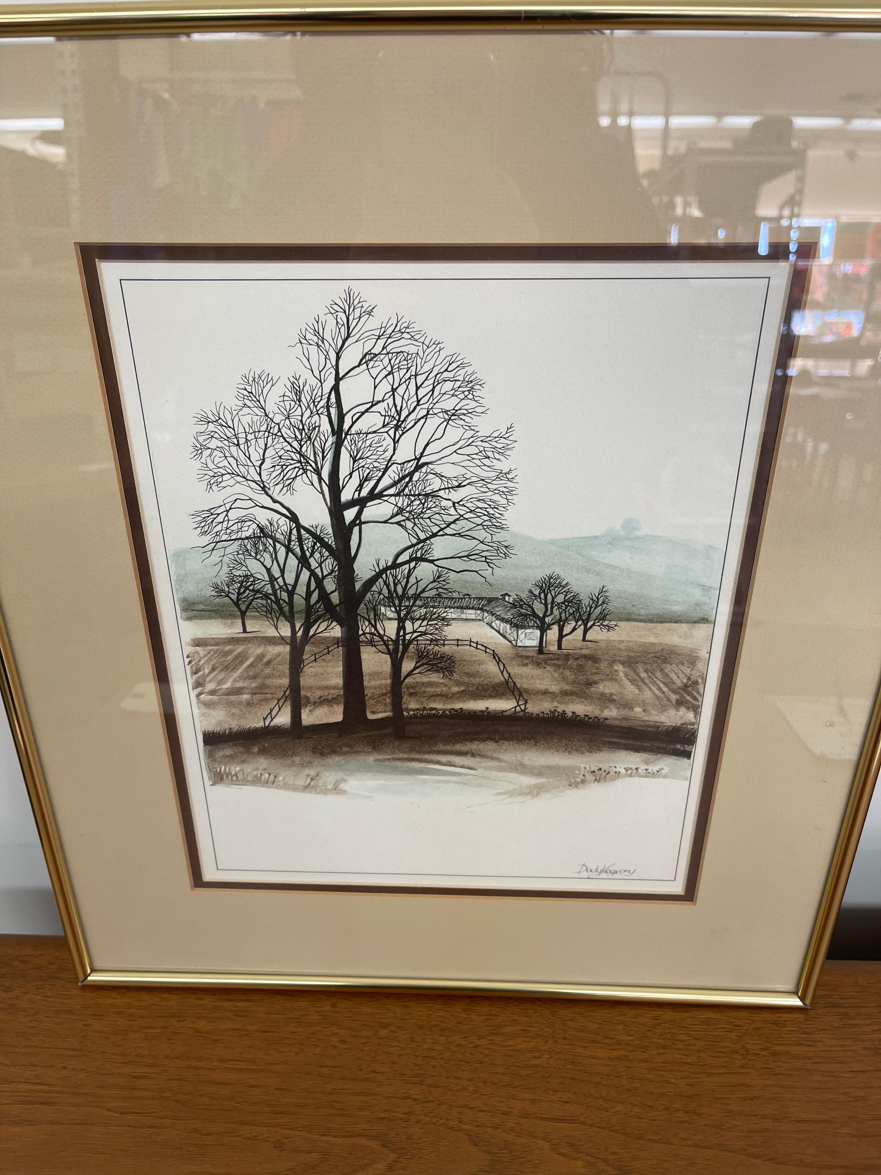 Metal Framed Landscape Print by Dody Vegvary-Mid-20th Century Minimalist Countryside For Sale