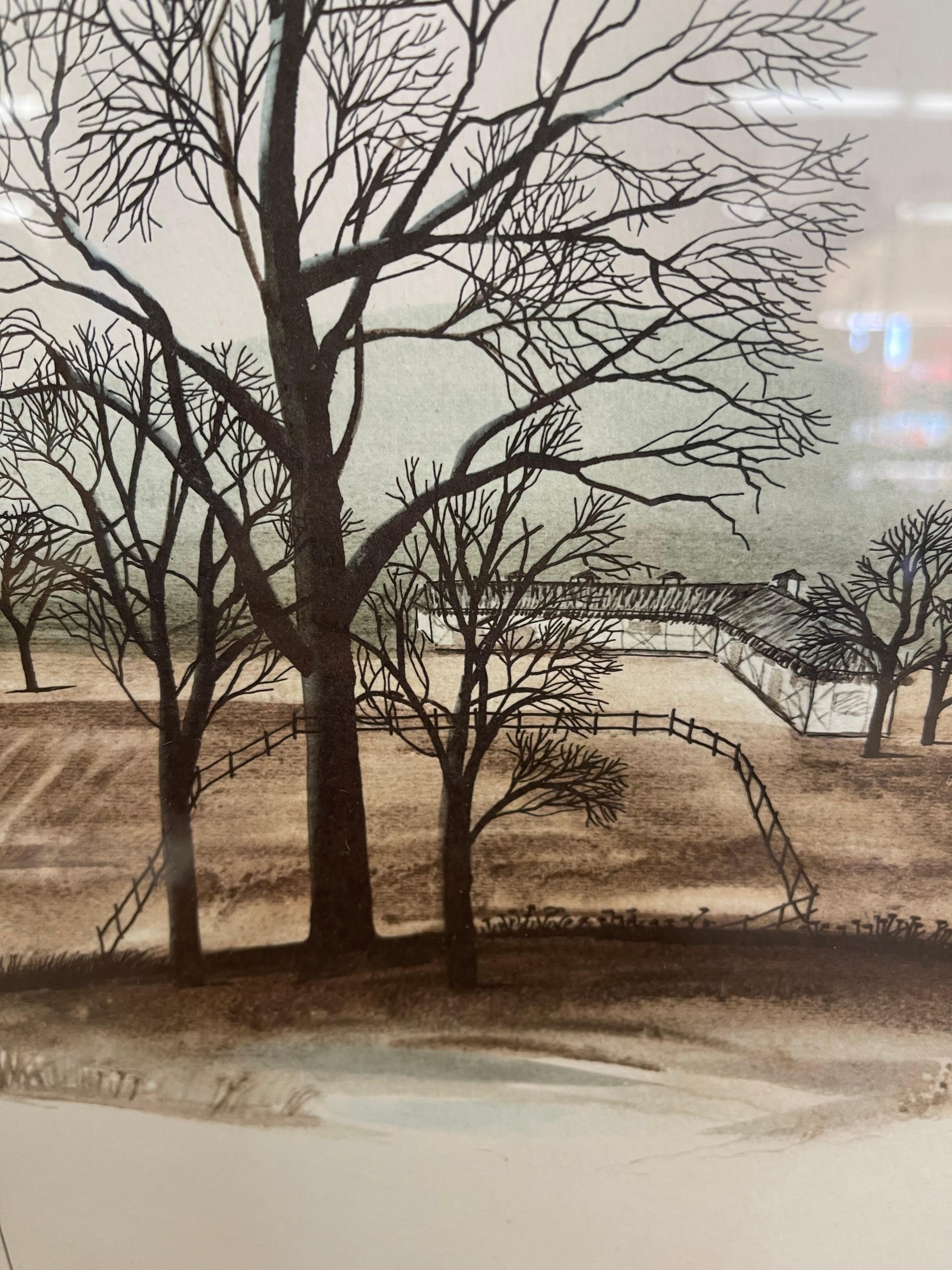 Framed Landscape Print by Dody Vegvary-Mid-20th Century Minimalist Countryside For Sale 1