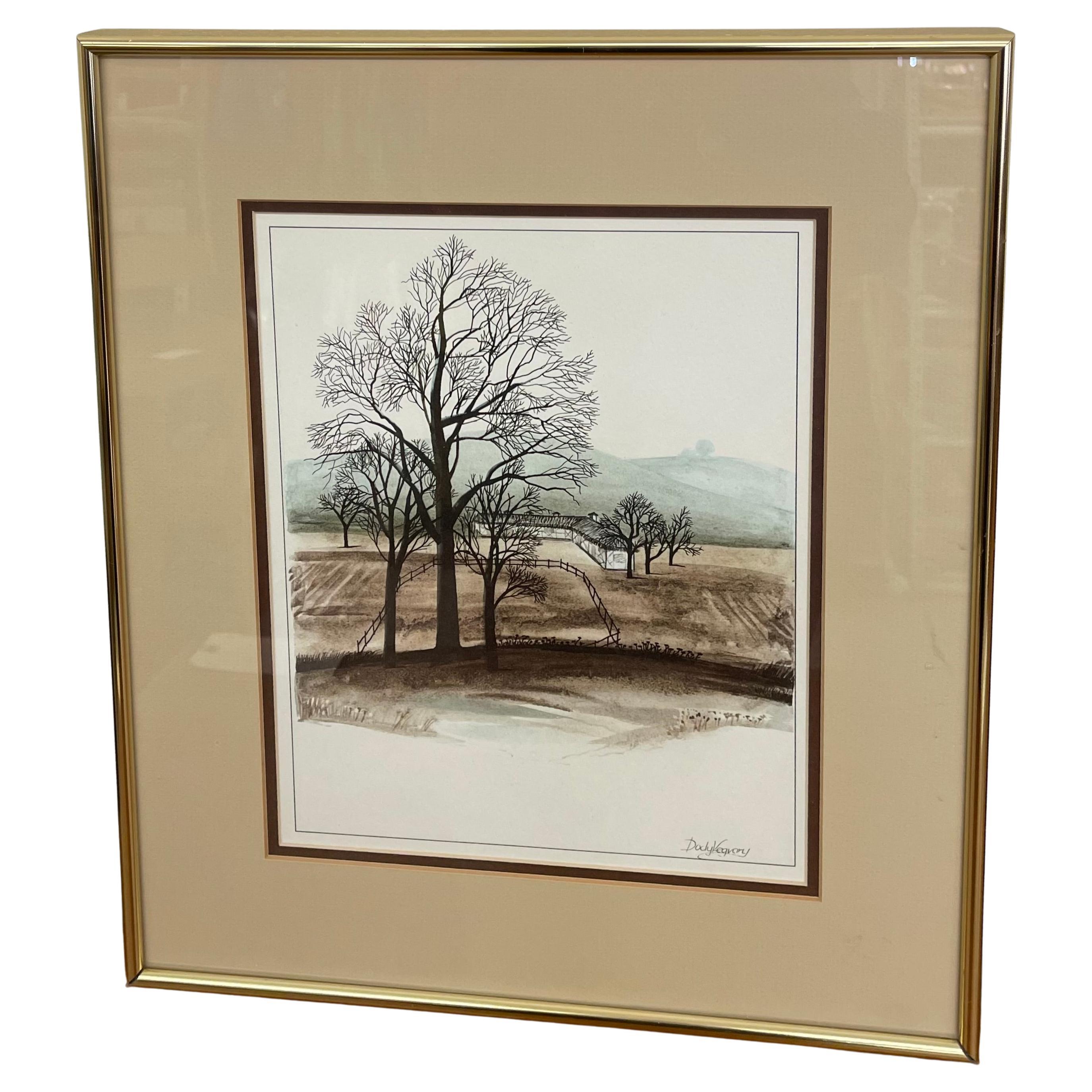 Gravure de paysage encadrée de Dody Vegvary - Campagne minimaliste du milieu du 20e siècle