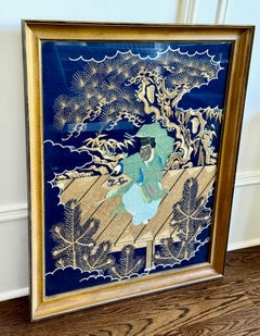 Framed Large Japanese Embroidery Silk Fukusa of Superb Quality Meiji Period
