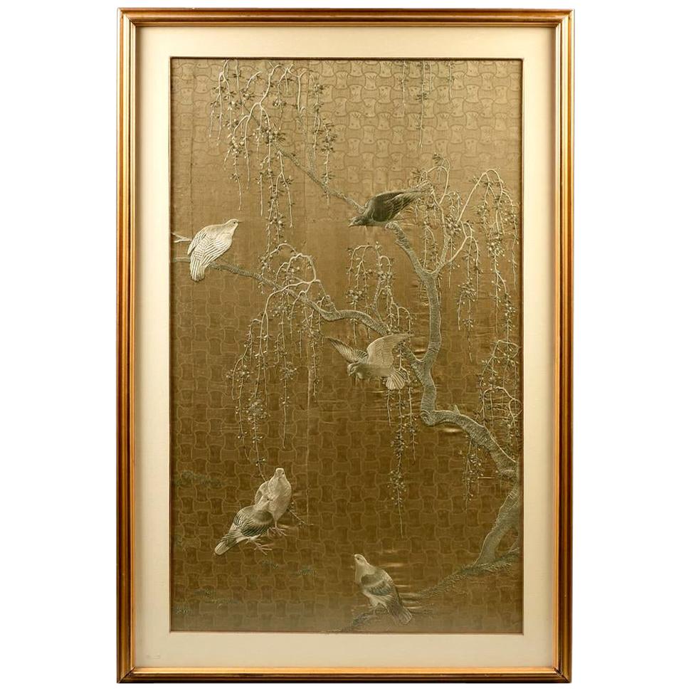 Framed Large Japanese Relief Embroidery Textile 