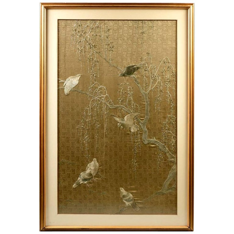 Framed Large Japanese Relief Embroidery Textile