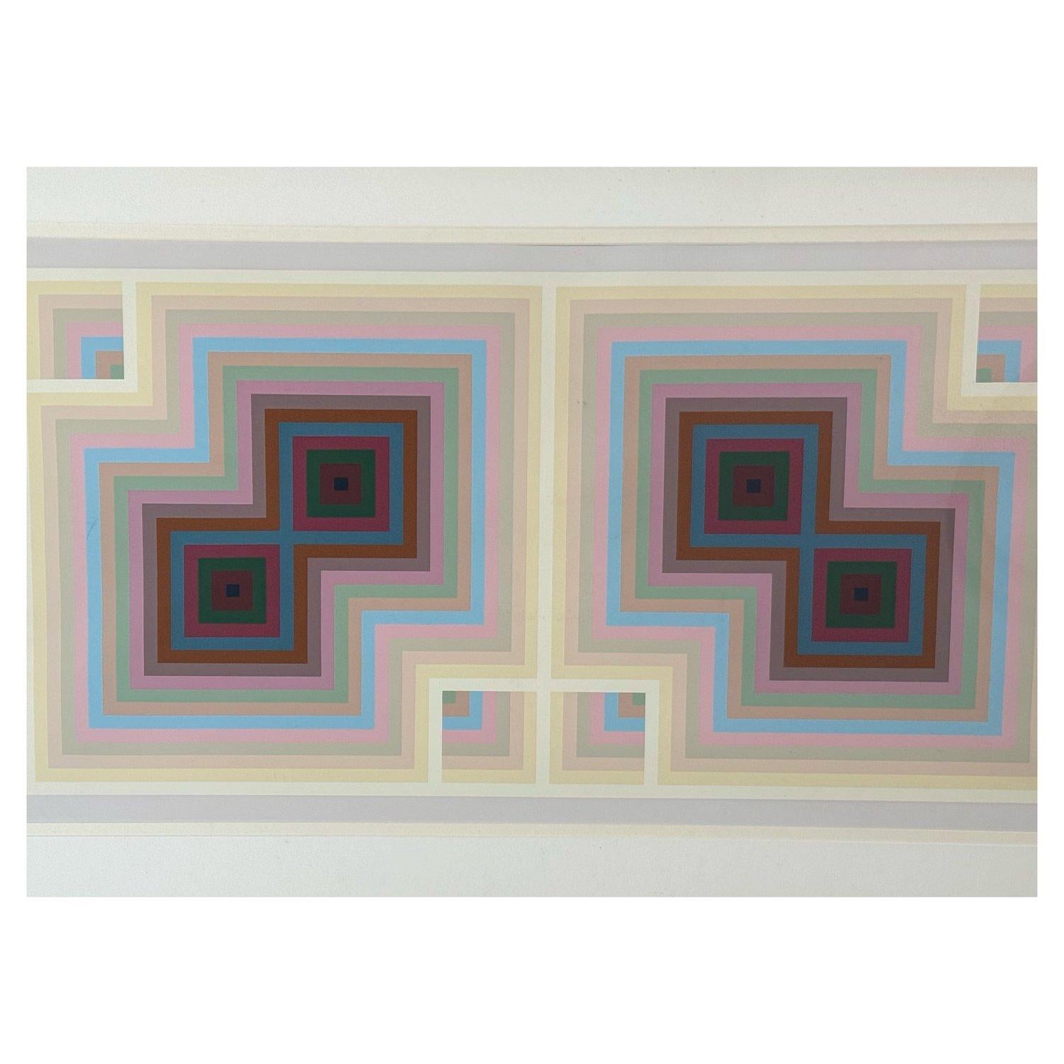 Großes postmodernes geometrisches OP-Kunstwerk, Jürgen Peters zugeschrieben, um 1980. Könnte signiert sein, aber ich zögere, dieses Stück aus dem Rahmen zu nehmen. Die Farben reichen von neutralen Pastelltönen an den Rändern bis hin zu dunkleren