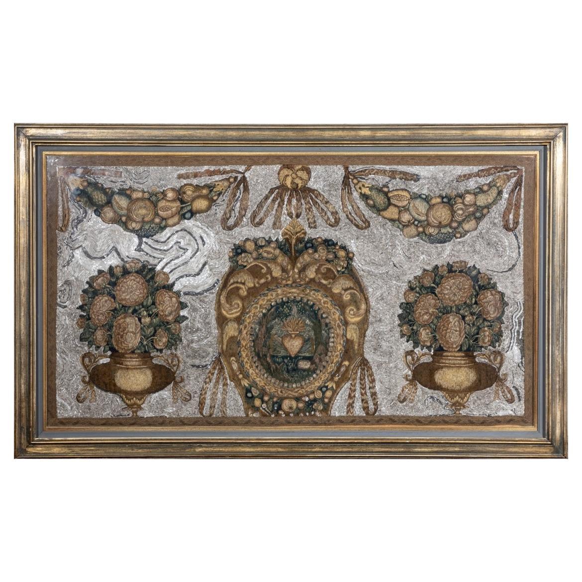 Framed Large Scale Antique Embroidered Panel For Sale
