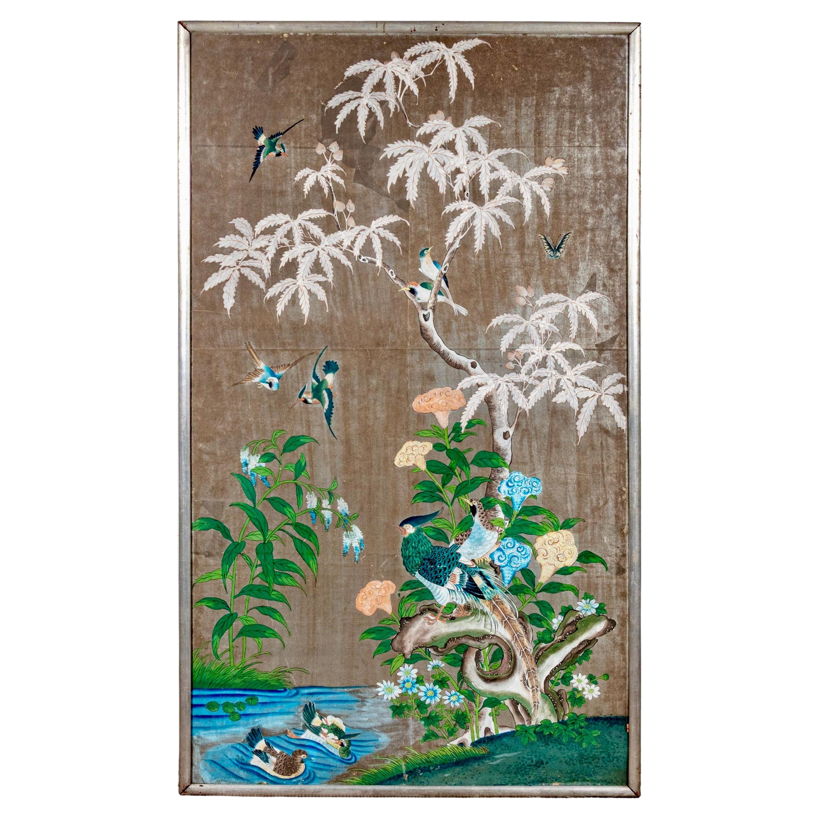 Panel de papel pintado de estilo chinoiserie, pintado a mano y enmarcado, de finales del siglo XIX