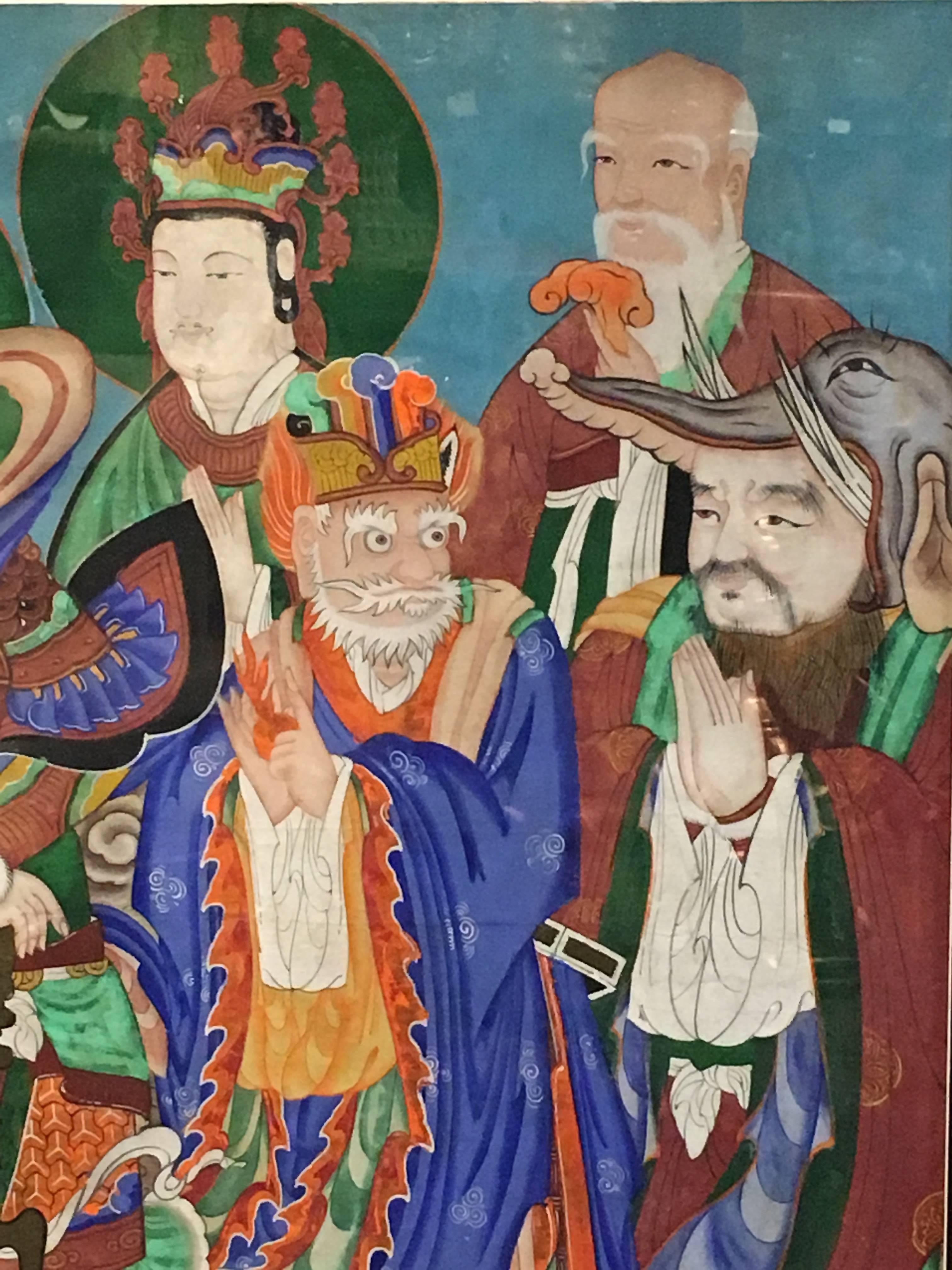 Cette grande peinture figurative et colorée provient d'un temple bouddhiste coréen. La peinture présente une figure centrale représentant le bodhisattva Tongjin:: également connu sous le nom de Manjushri:: le bodhisattva de la sagesse. On le