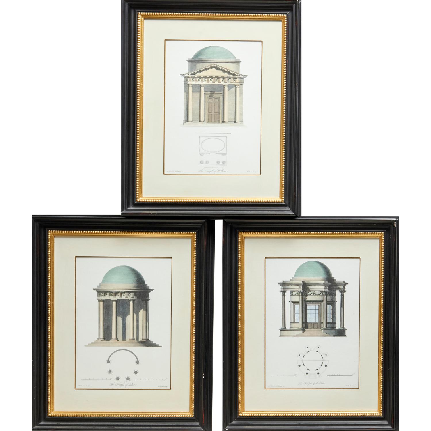 Fin du 20e C, Angleterre, ensemble de trois reproductions représentant des gravures architecturales basées sur les temples trouvés à Kew Gardens, Londres. Les dessins sont attribués à Sir William Chambers, un architecte du XVIIIe siècle connu pour