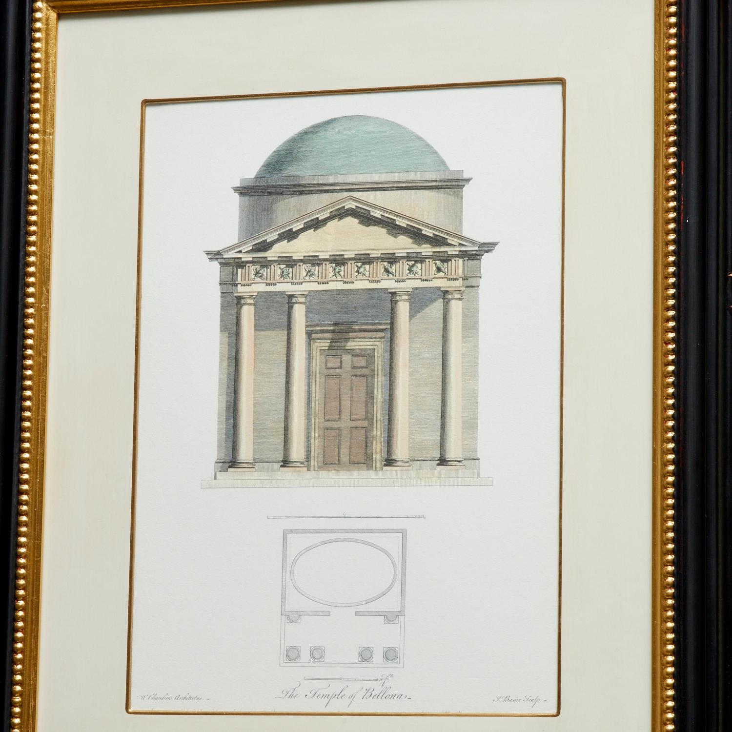 Rococo Encadré fin 20e siècle, Temples at Kew Garden, Londres, gravures teintes à la main en vente