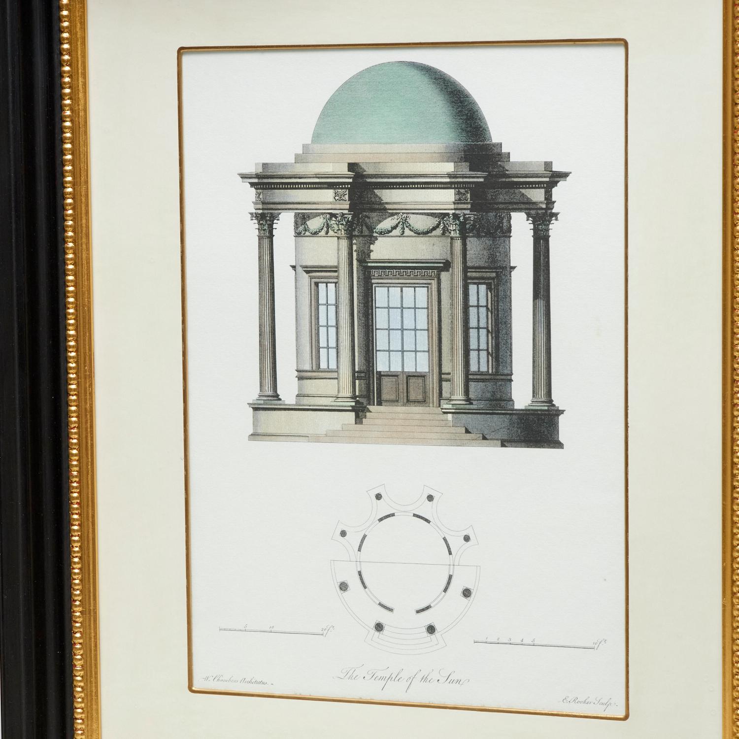 Fait main Encadré fin 20e siècle, Temples at Kew Garden, Londres, gravures teintes à la main en vente