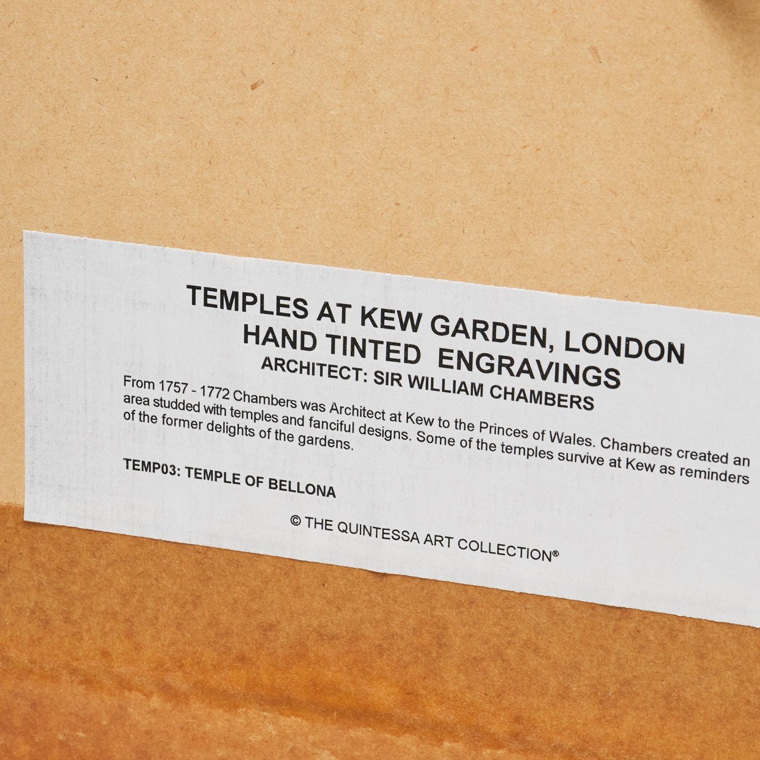 Encadré fin 20e siècle, Temples at Kew Garden, Londres, gravures teintes à la main en vente 1