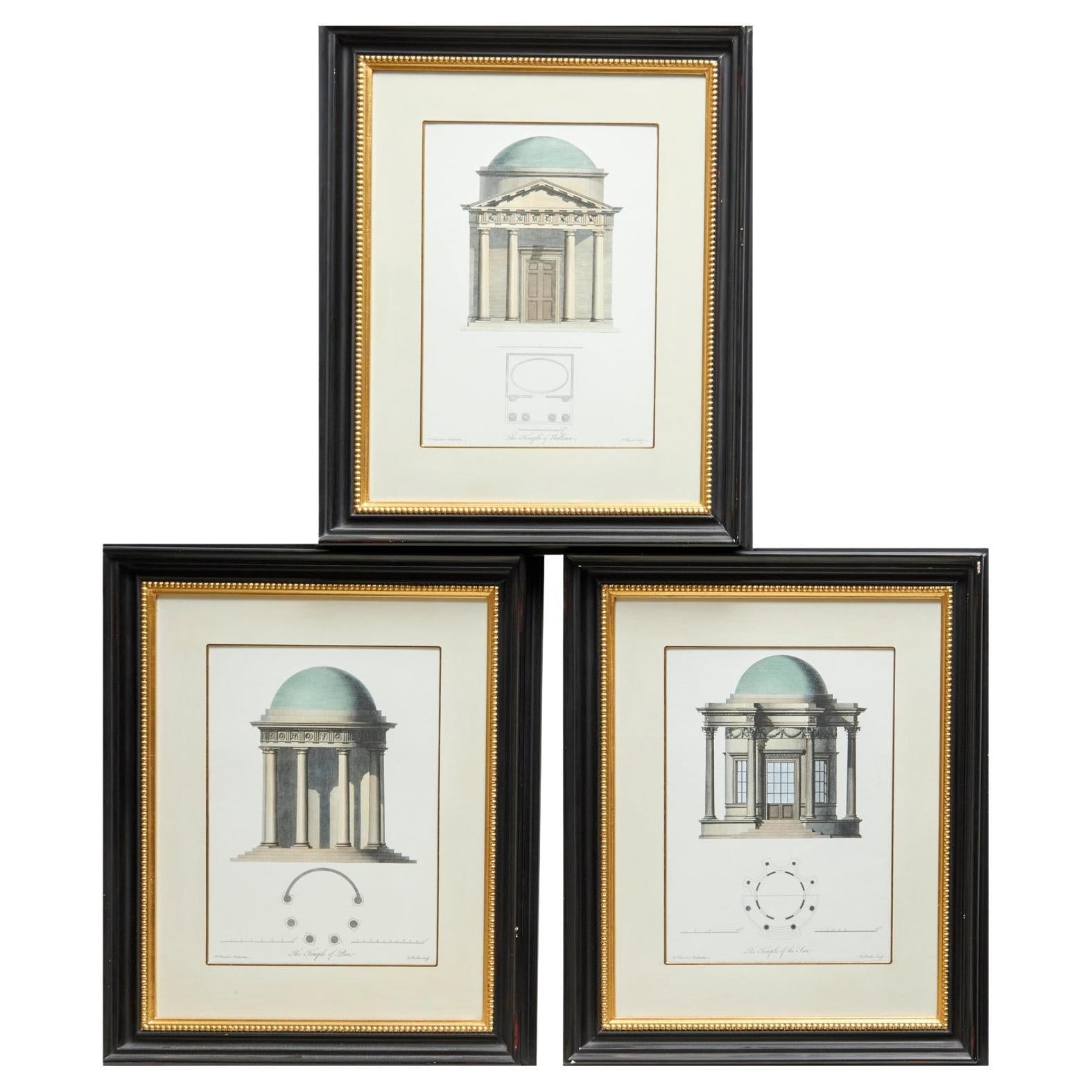 Framed Late 20th C, Temples at Kew Garden, London, Hand Tinted Engravings
