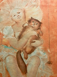 Framed Leonor Fini Lithograph, Young Girl with Her Cat, Numbered 28/145