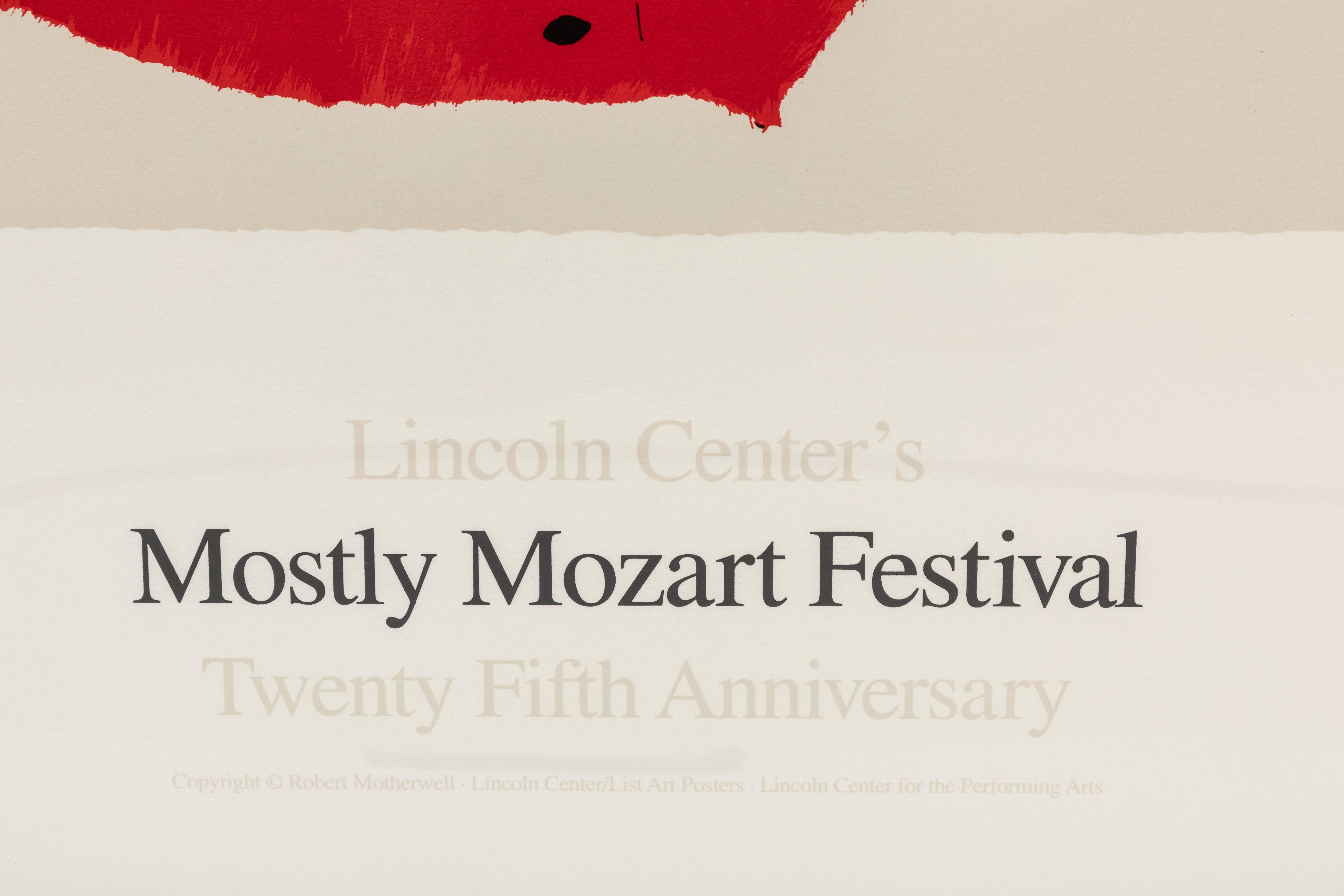 Framed Lincoln Center mostly Mozart 25th anniversary poster designed by the youngest pioneer of the Abstract Expressionist art movement, Robert Motherwell (1915-1991). It was originally intended to be both print and poster, but only an unsigned