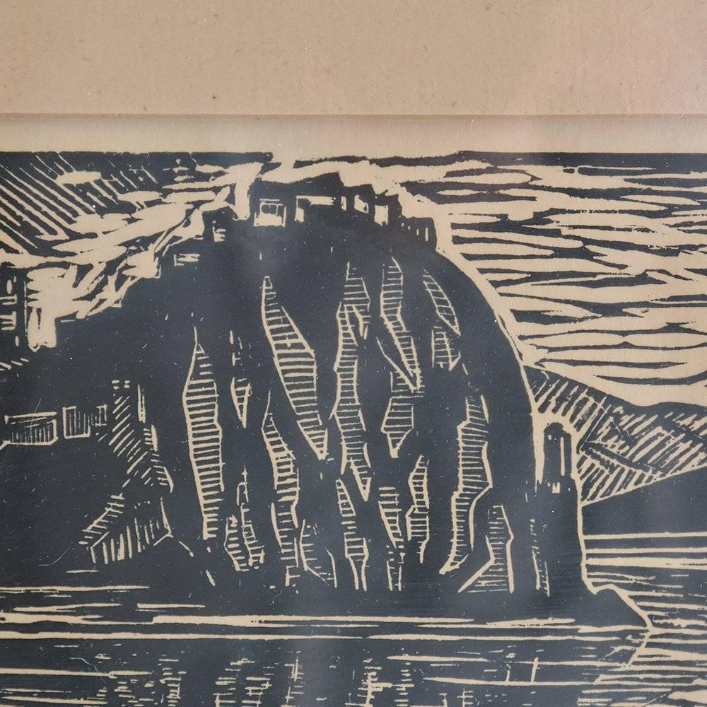 Original vintage linocut named Devin according to the Devin Castle in Bratislava, near the junction of Danube and Morava rivers. Linocut by Duracka, signed Duracka, 160/200. Excellent condition of the art and frame.
Frame 72 cm x 46 cm. Art without