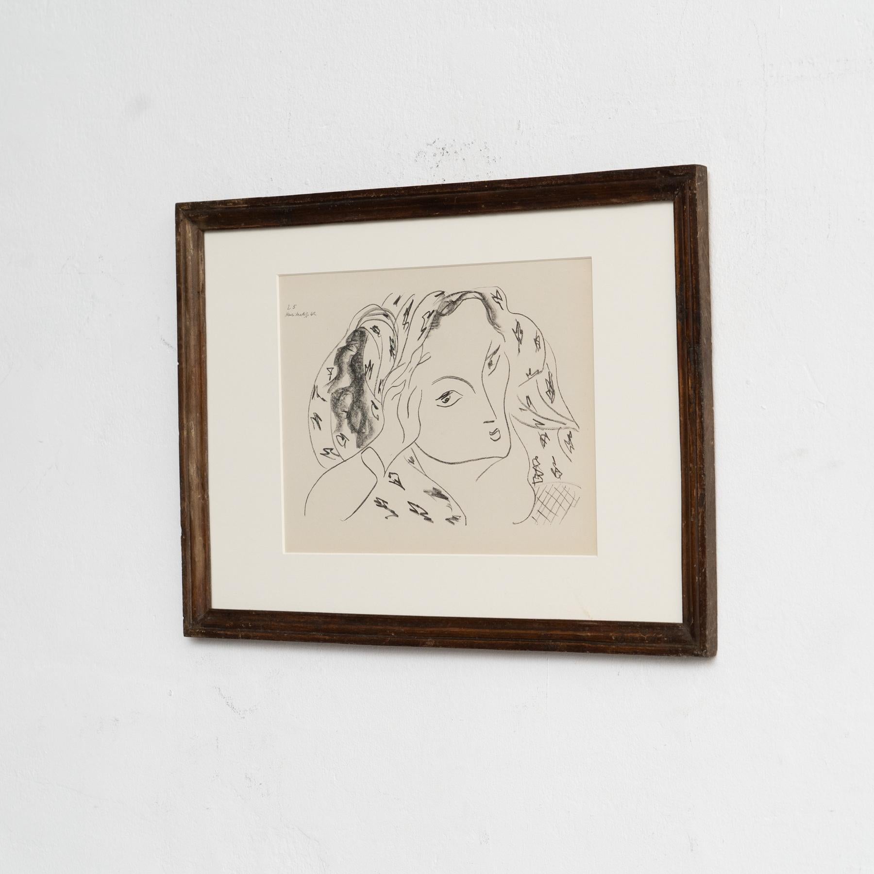 Mid-Century moderno Litografia incorniciata su disegno originale di Matisse in vendita