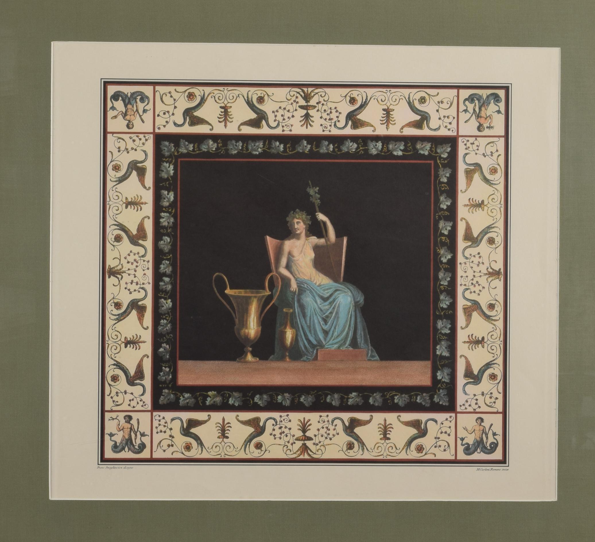 Framed lithograph, fresco from Nero's Domus Aurea (Rome). Engraved by Carlo Romano, following design by Francesco Smuglewicz.
 Painted lithograph showing a grotesque frame with plant elements and mythological creatures in the corners and a seated