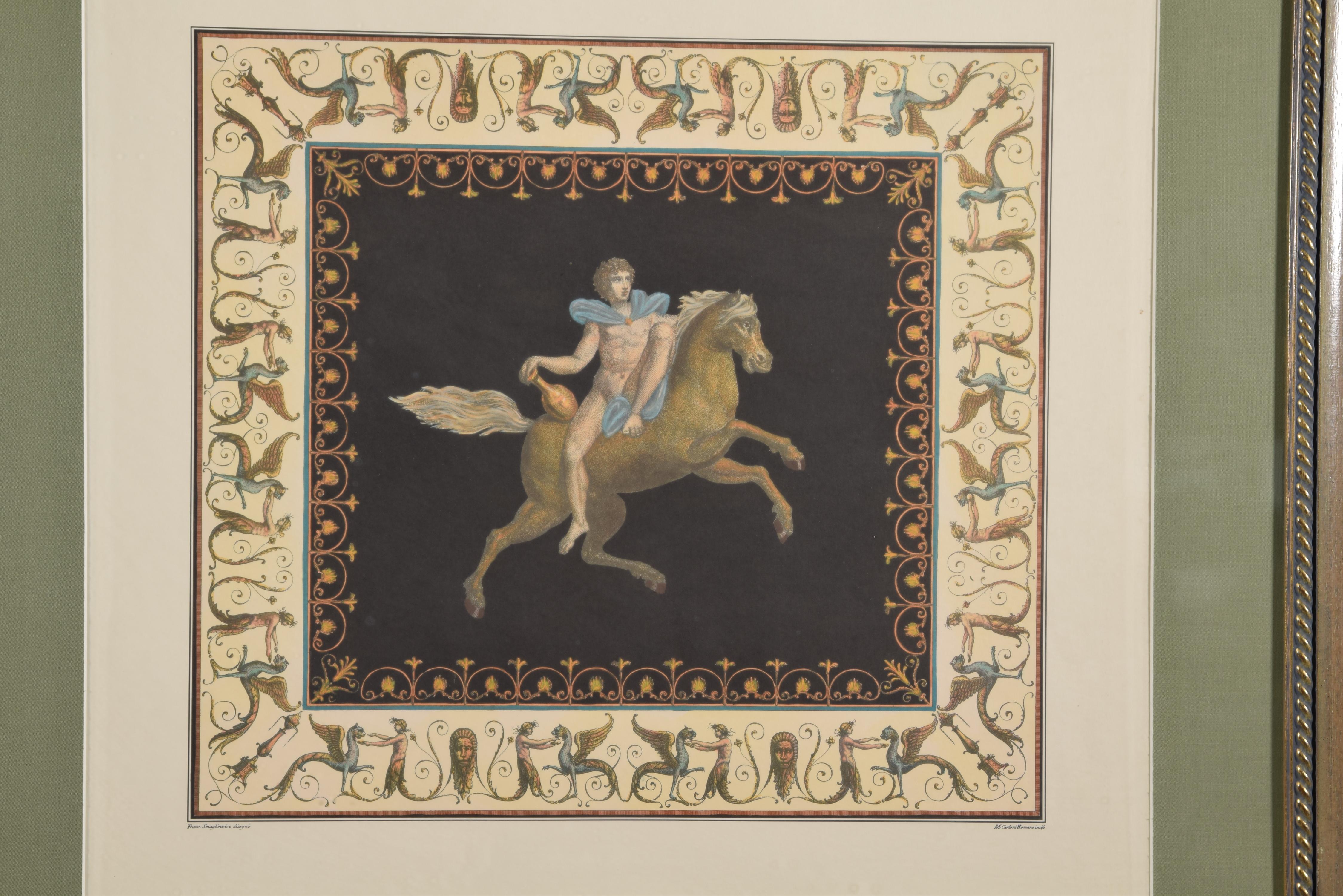 Framed lithograph, fresco from Nero's Domus Aurea (Rome). Engraved by Carlo Romano, after design by Francesco Smuglewicz
 Painted lithograph showing a grotesque frame with elements and a male figure riding a horse in the center of the composition.