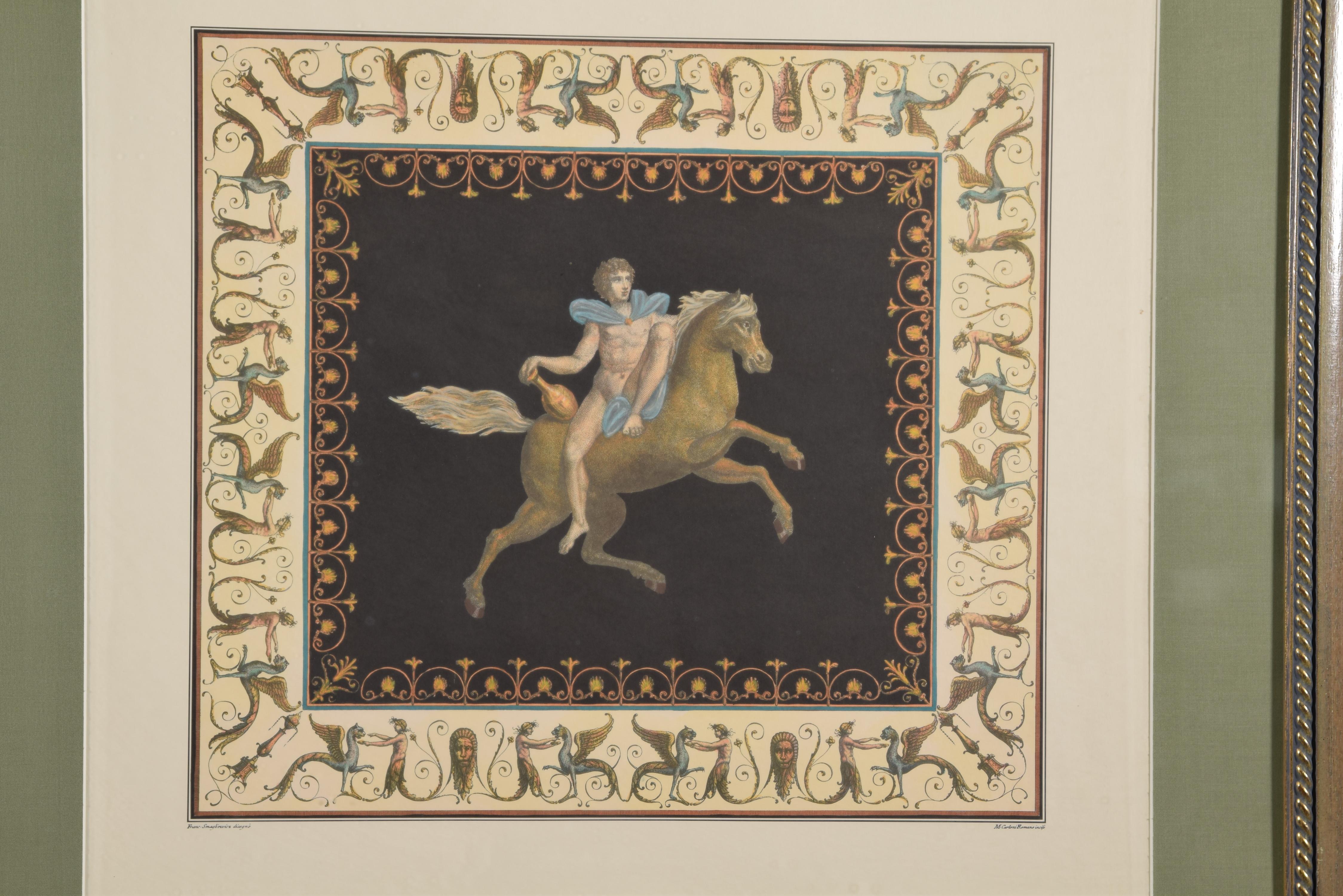 Lithographie encadrée, fresque de la Domus Aurea de Nero (Rome). Gravure de Carlo Romano, d'après le dessin de Francesco Smuglewicz
 Lithographie peinte représentant un cadre grotesque avec des éléments et un personnage masculin à cheval au centre