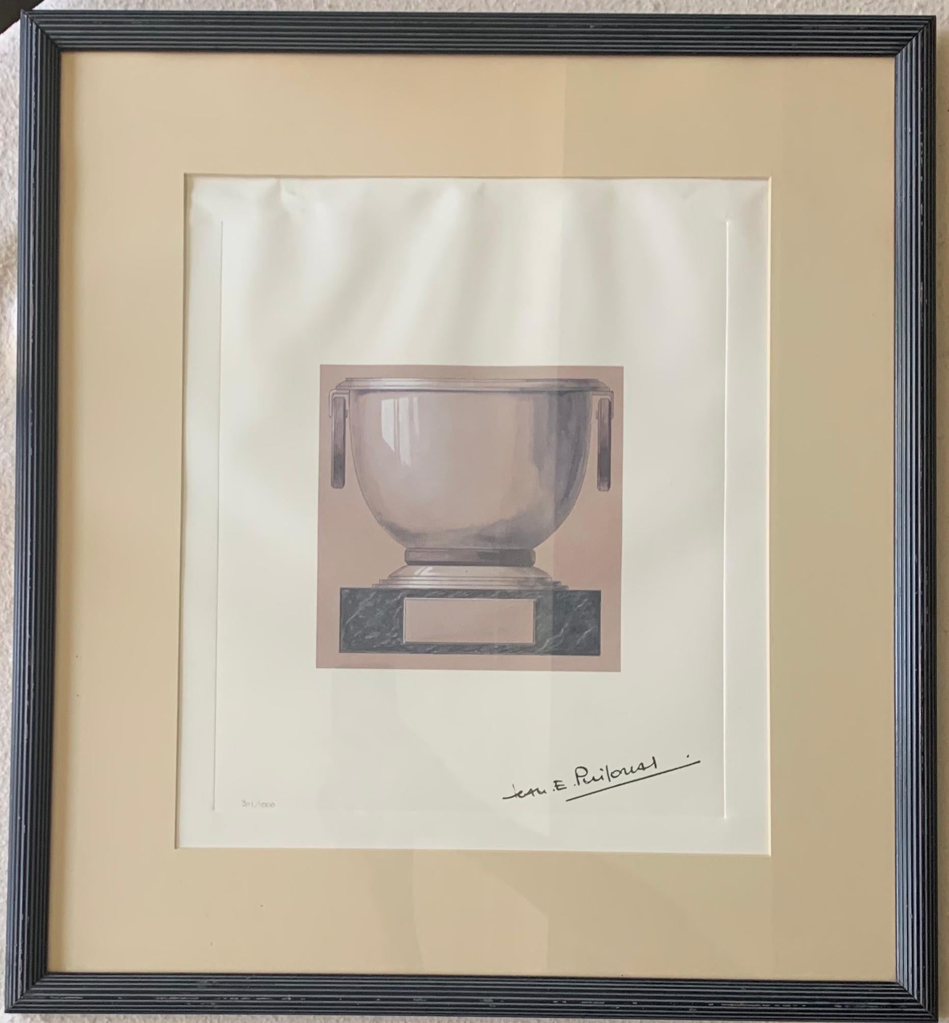 Framed litograph Jean E. Puiforcat. Study for a trophy serigraph in multiple colors on white wove paper 301/1000. Hand-signed by artist, en recto lower right. Numbered in pencil en recto lower left, France, circa 1940's
Dimensions: 21.5