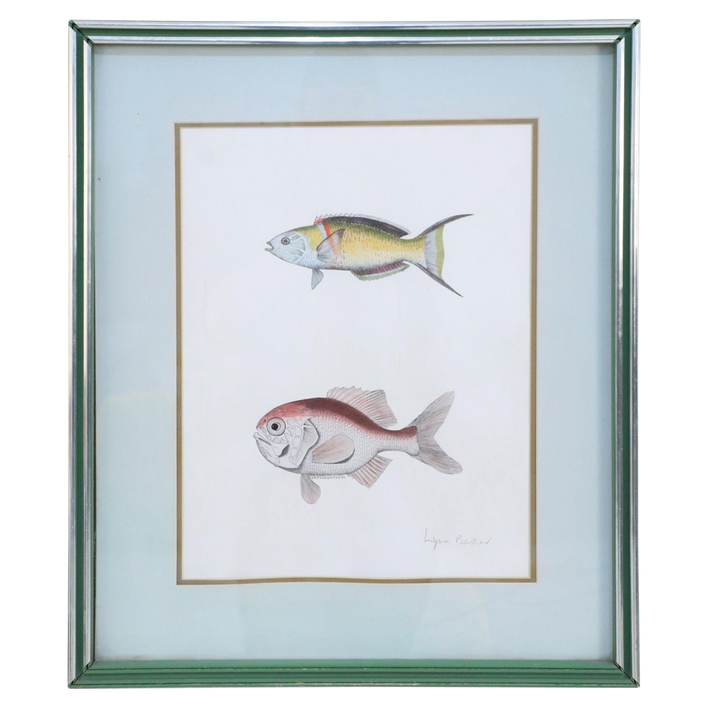 Gerahmte Lithographie von zwei mehrfarbigen tropischen Fischen mit Rahmen