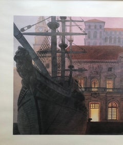 Lithographie française encadrée - Paysage marin - Port de Marseille par Night - Signé
