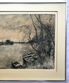 Gerahmte Lithographie-Landschaft mit Ansicht des Sees und der Boote, signiert