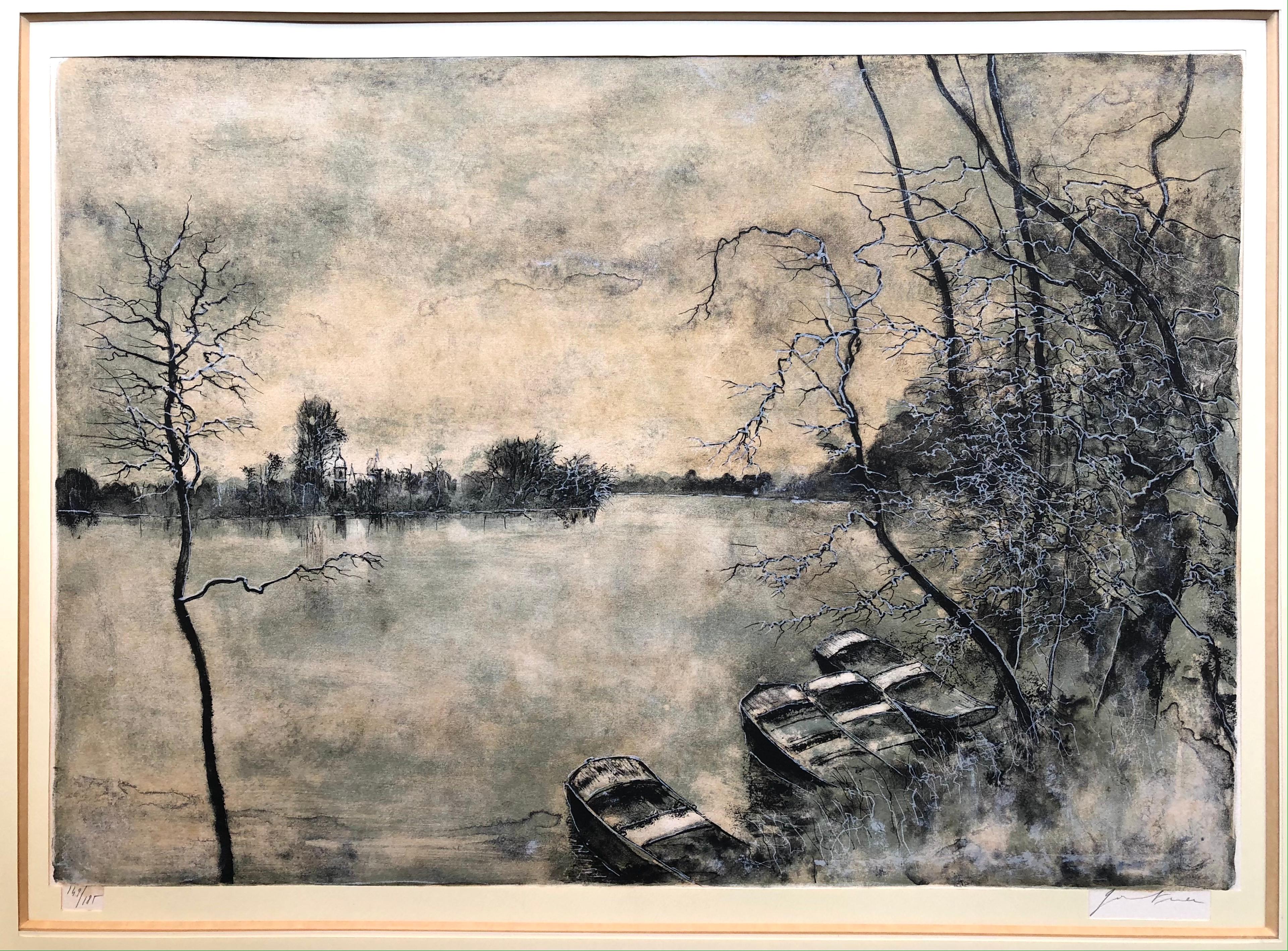 Français Lithographie encadrée avec vue sur le lac et les bateaux, signée en vente