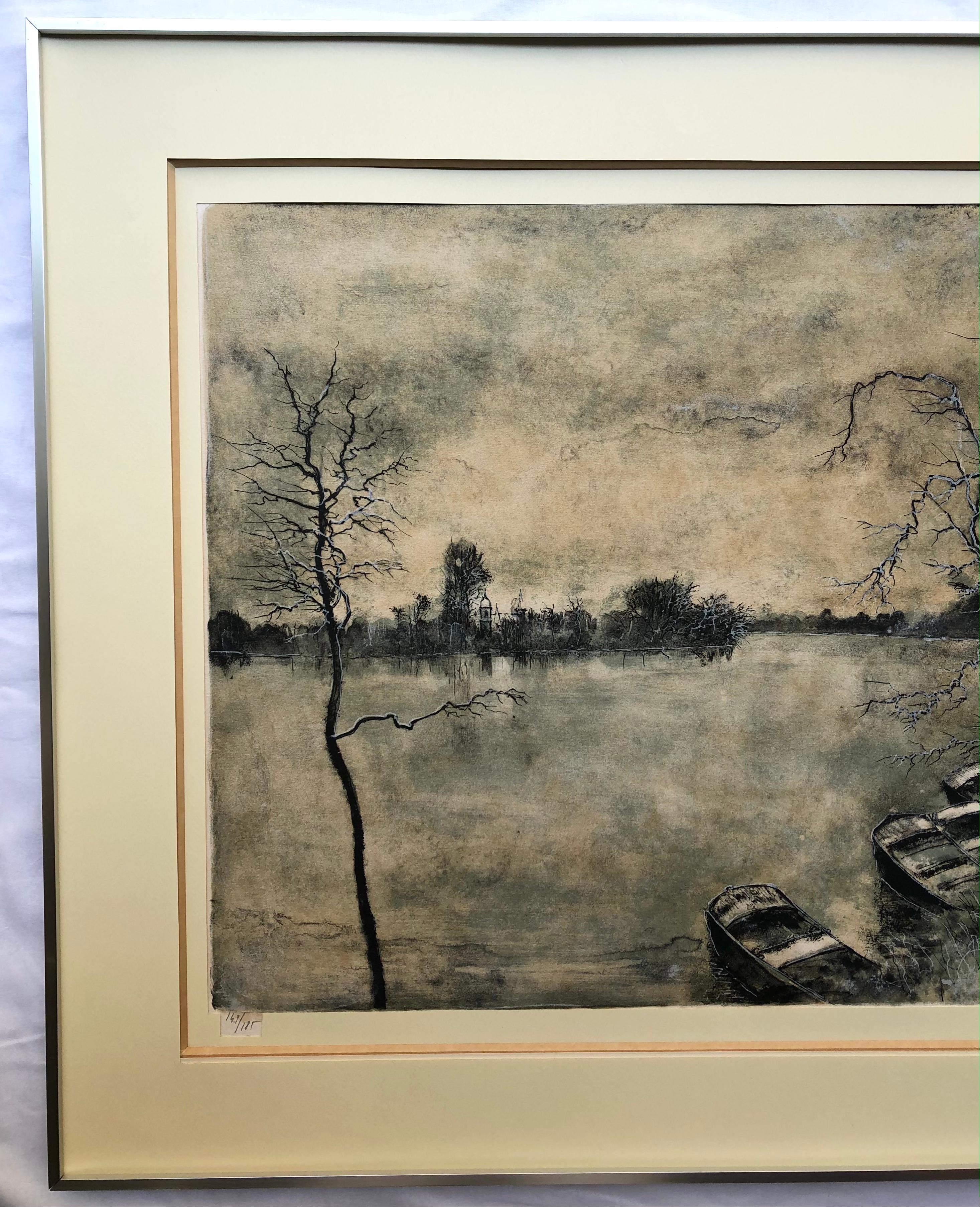 Framed Lithograph Landscape with View of the Lake and Boats Signed In Good Condition For Sale In Miami, FL