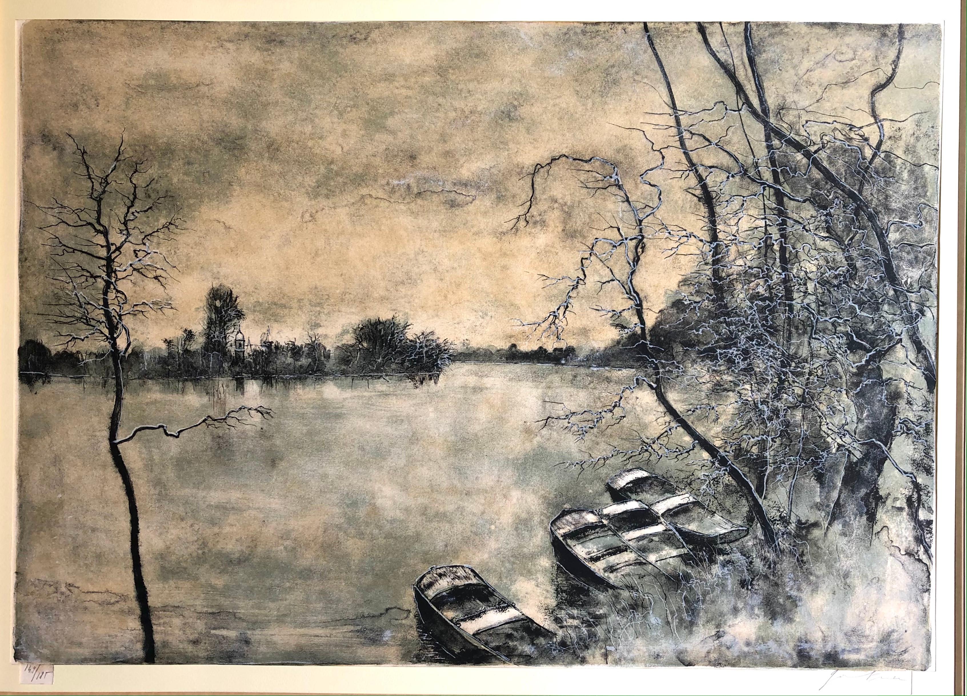 Papier Lithographie encadrée avec vue sur le lac et les bateaux, signée en vente