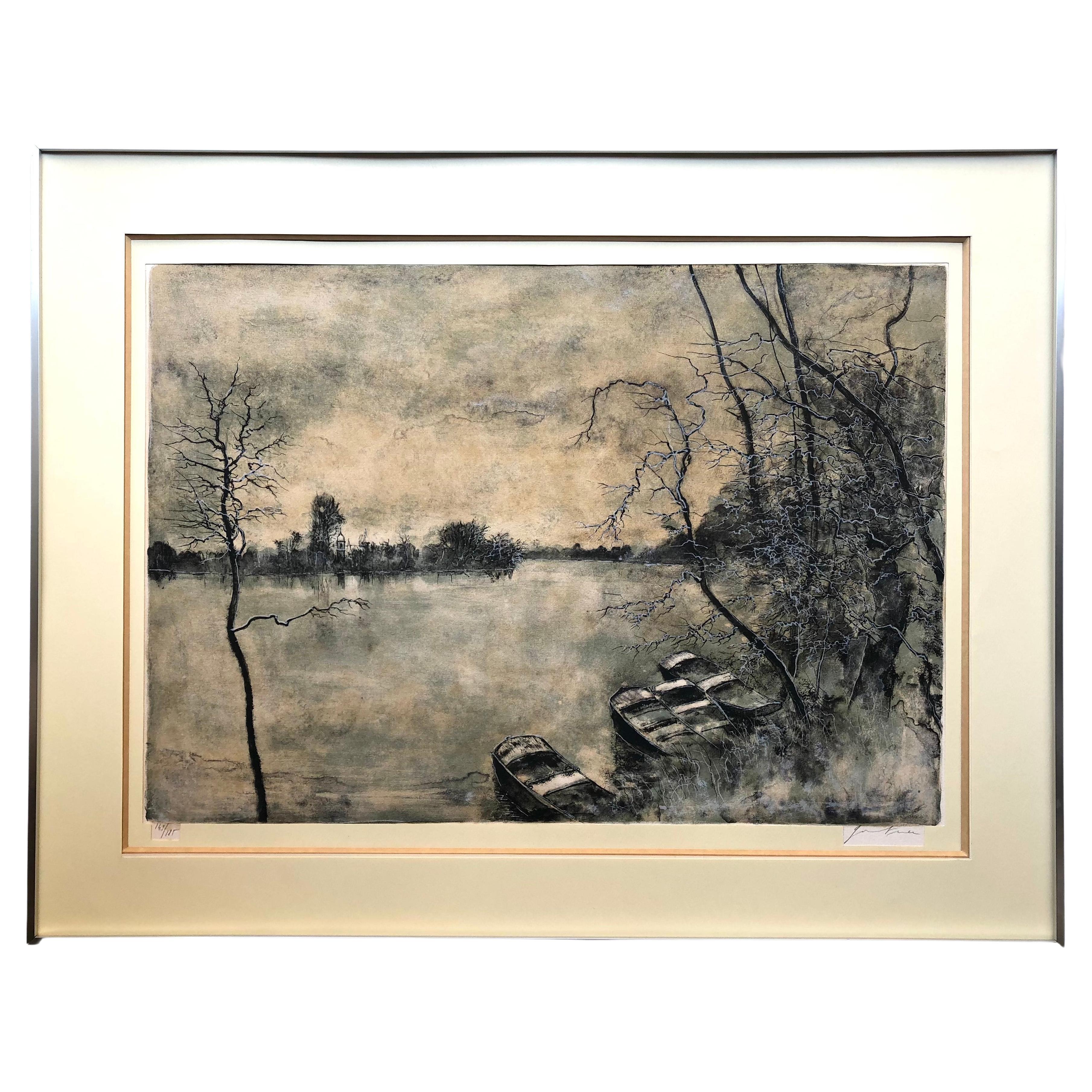 Framed Lithograph Landscape with View of the Lake and Boats Signed