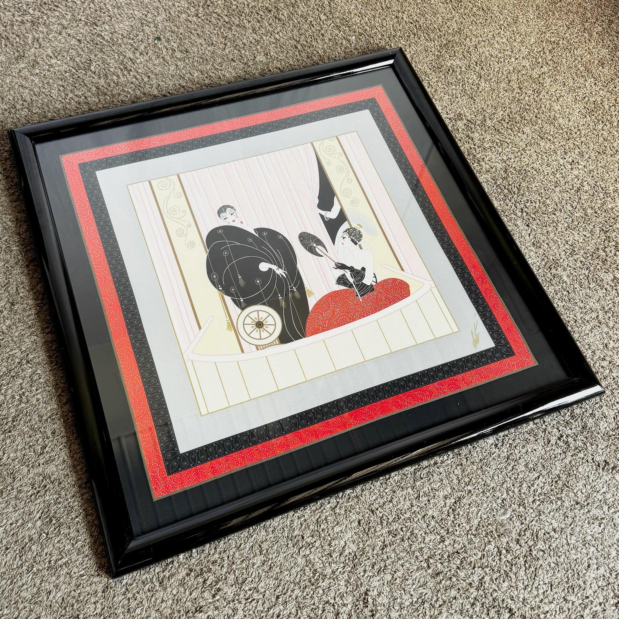 Own this Art Deco Loge De Theatre Scarf—signed 1987 Erté silk in sleek framing, a timeless haute couture masterpiece.
 
 We sell items as acquired, without restoring or repairing. Vintage pieces may have age-related wear. Review photos carefully,