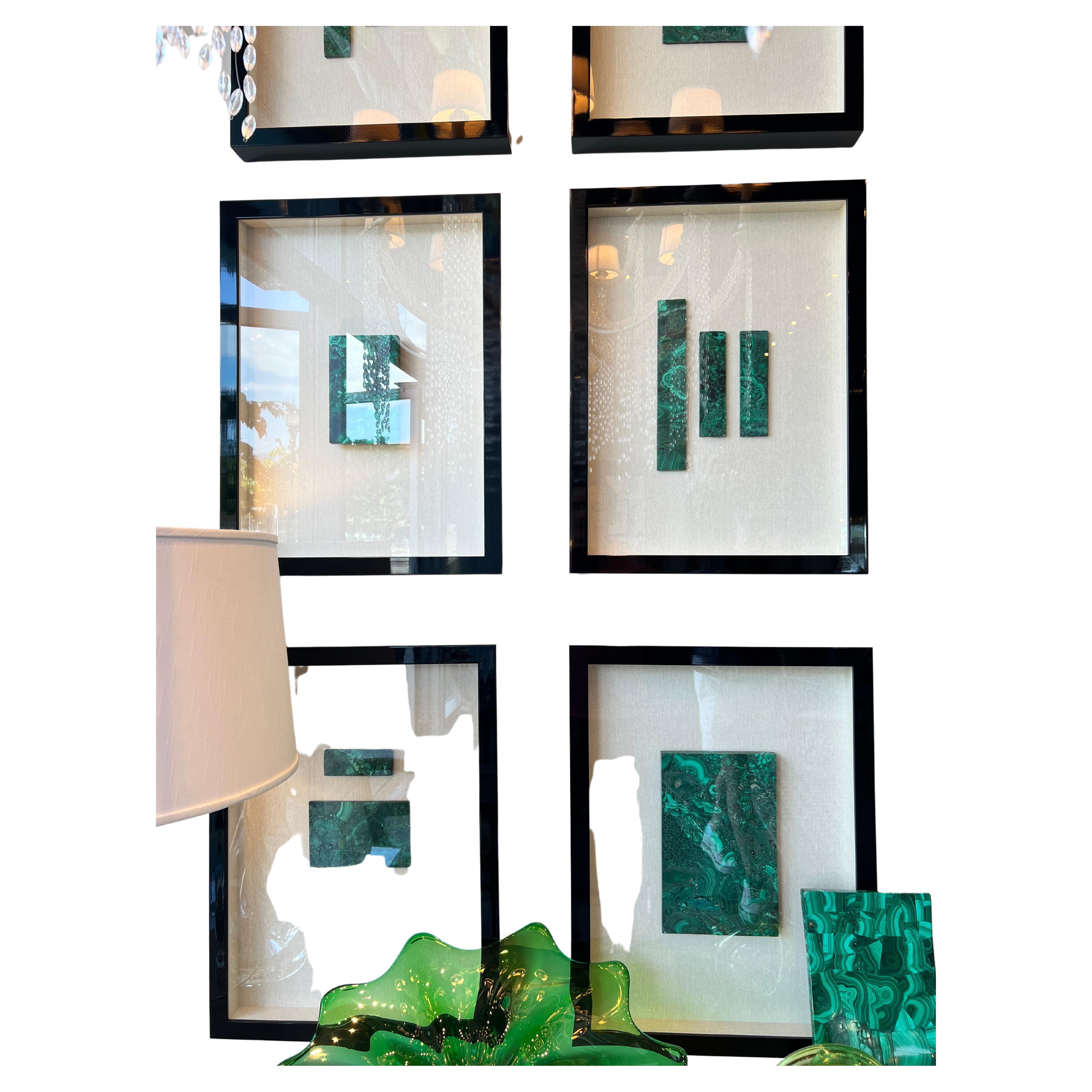 This set of six black lacquered framed malachite stone fragments have a silk shadow box interior.
Sold as set of six.